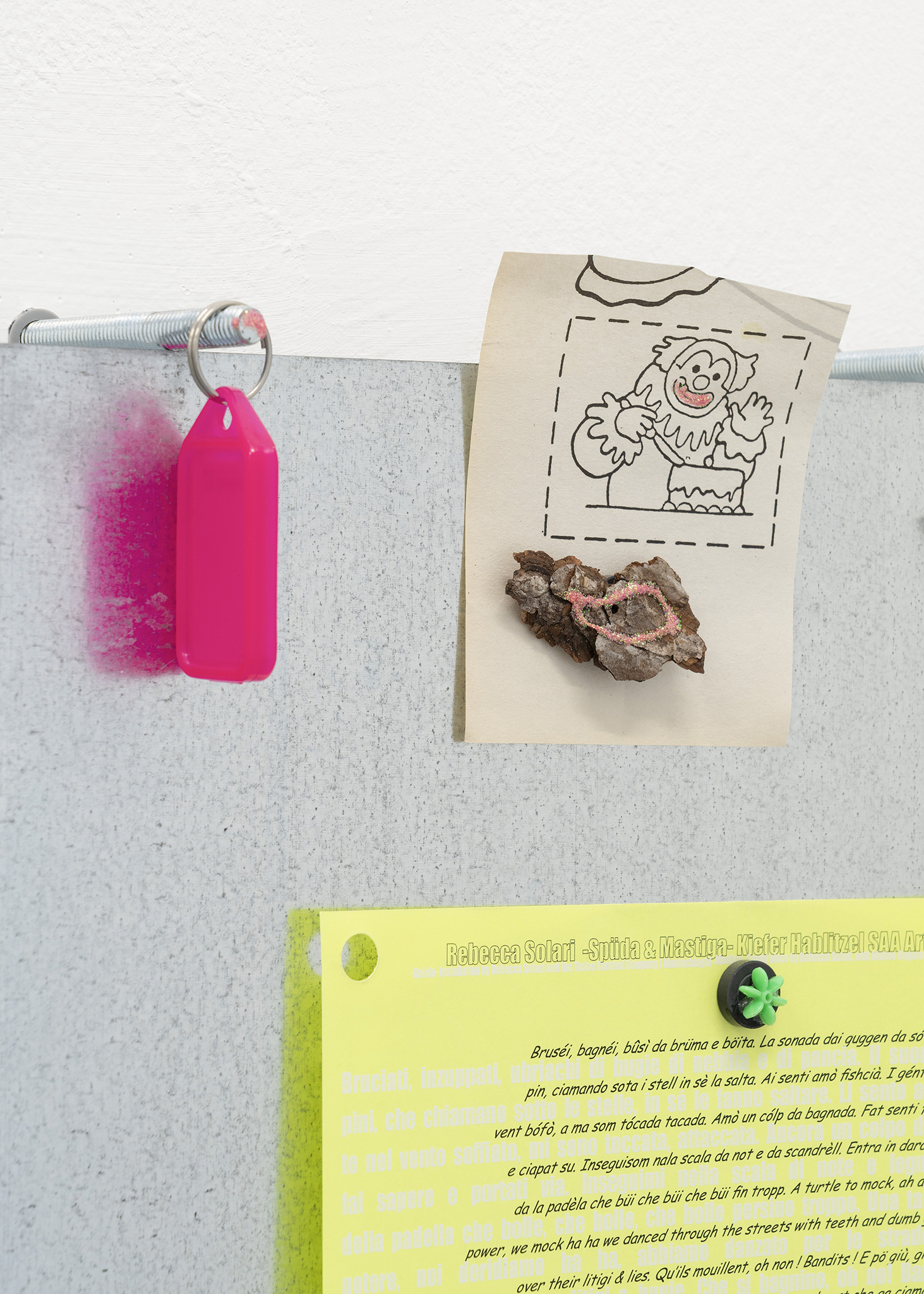 Detail of Rebecca Solari, Manda giù, 2025.  Steel, drawings, text, 6 x A4, Courtesy of the Artist and La Rada, Locarno. Photography by Riccardo Giancola 