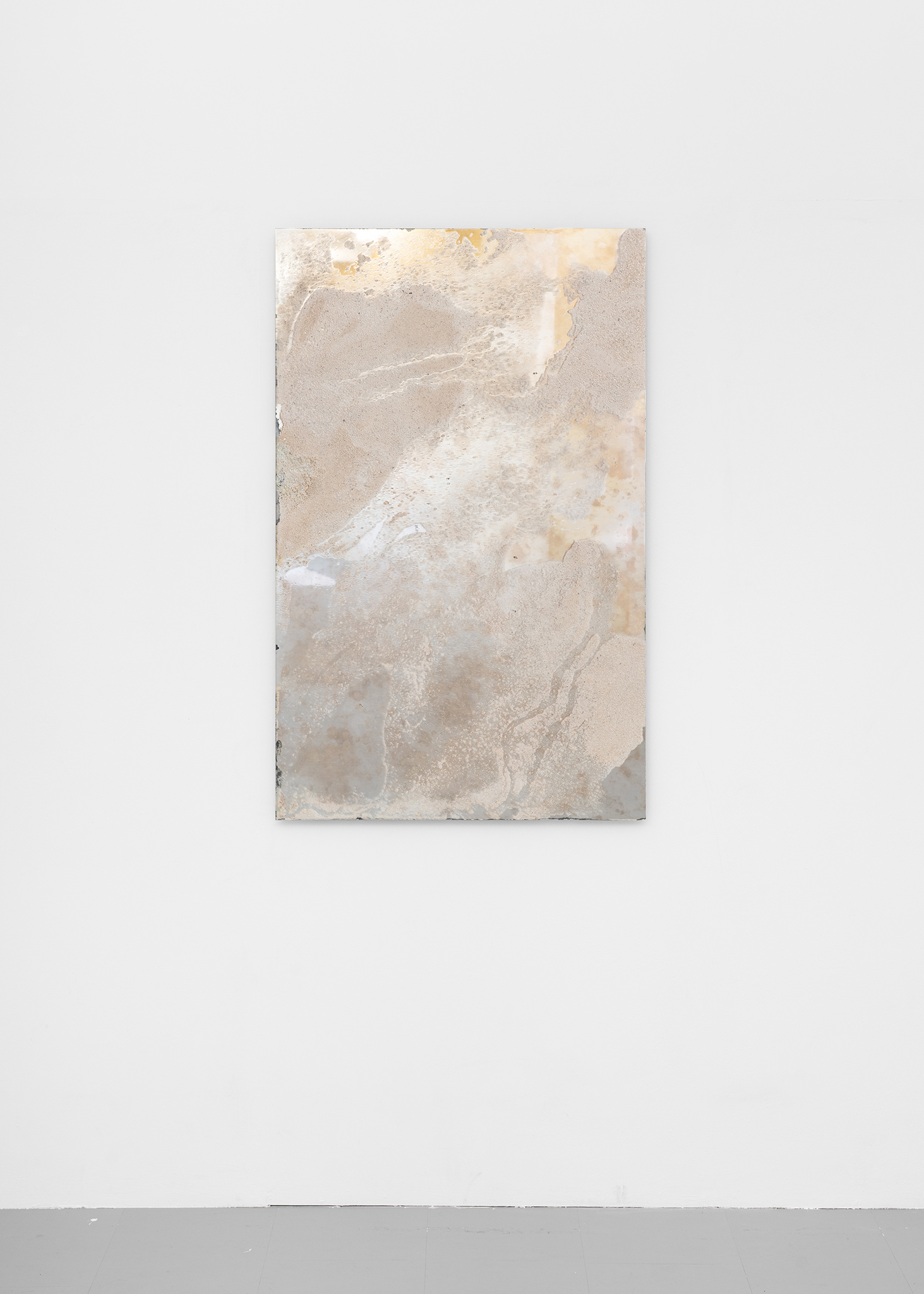 Lucia Cristiani, Salty Lick, 2025. Etched mirror, sea salt, potassium, brown seaweed, metal spheres, 77x123 cm.  Courtesy of the Artist and La Rada, Locarno. Photography by Riccardo Giancola