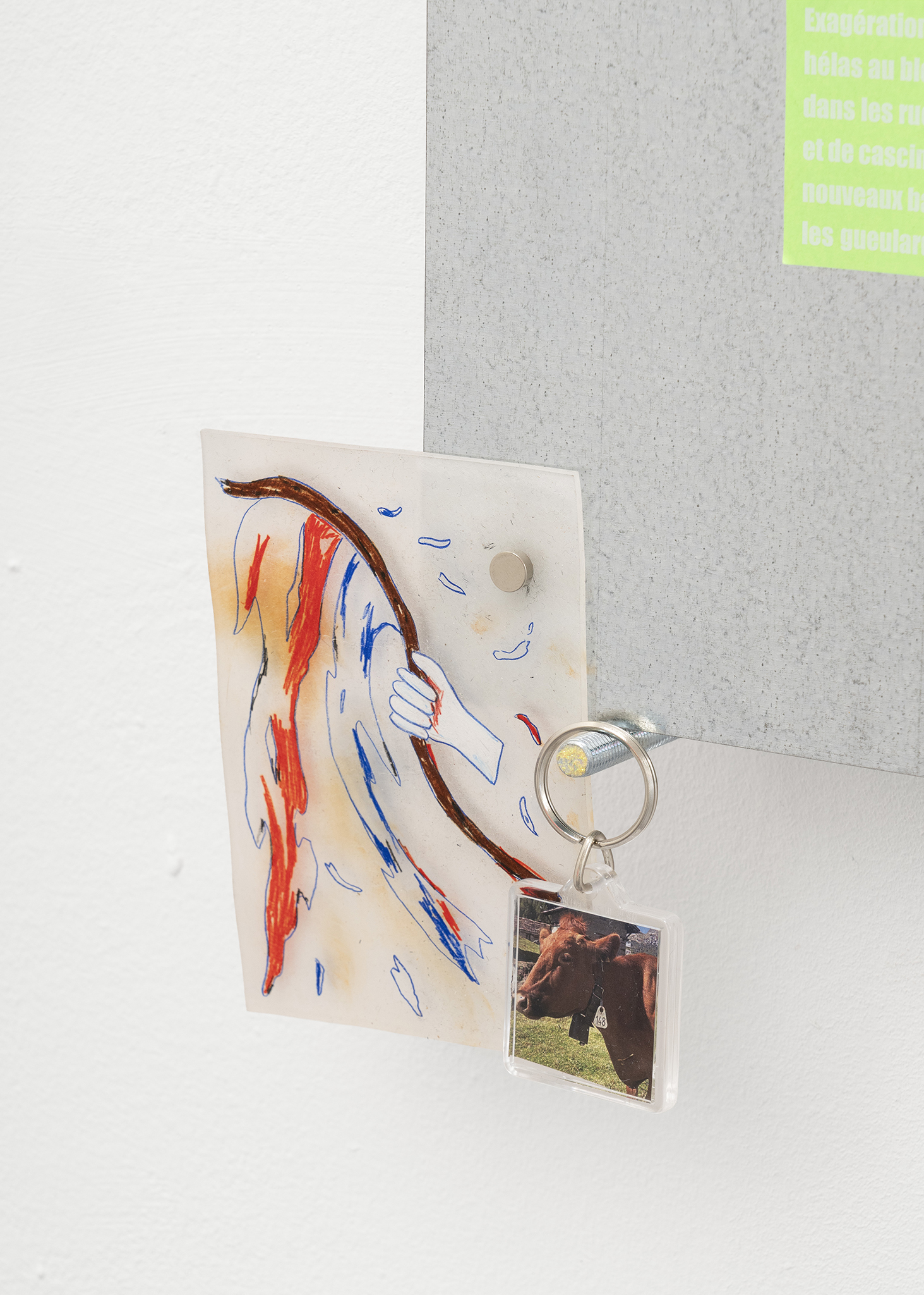 Detail of Rebecca Solari, Manda giù, 2025.  Steel, drawings, text, 6 x A4, Courtesy of the Artist and La Rada, Locarno. Photography by Riccardo Giancola 