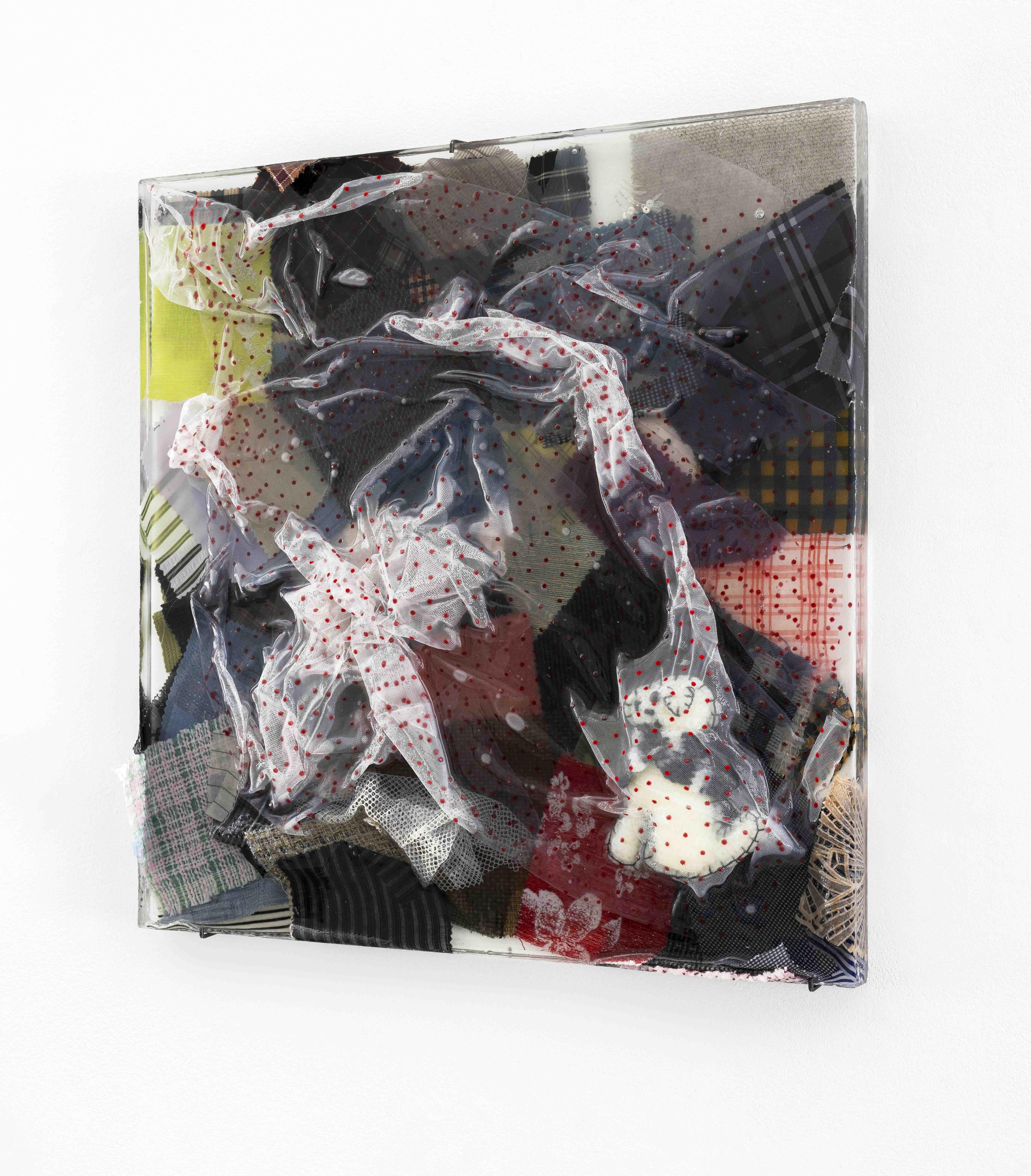 Shuang Li, Nanping, Nevada, 2024, Fabric, resin, found objects, 50 x 50 x 3 cm, 19 3/4 x 19 3/4 x 1 1/8 inches - Courtesy the artist and Antenna Space, Shanghai 