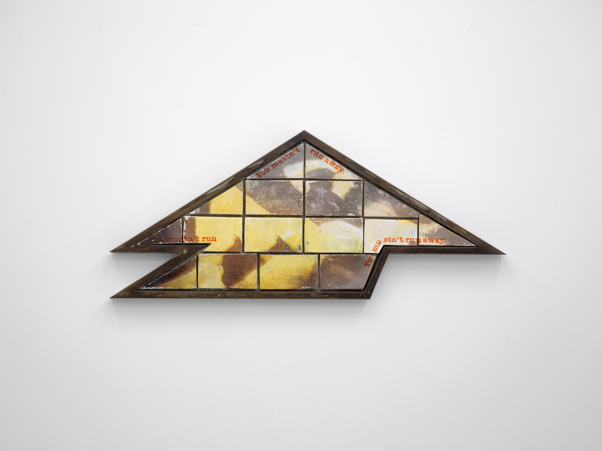 You mustn’t run away - 44 x 94 x 5 cm - Laser transfer, strength & pliable stone modeling clay, oil pastel, matte varnish, chemically treated galvanized steel - photo by Fangyang