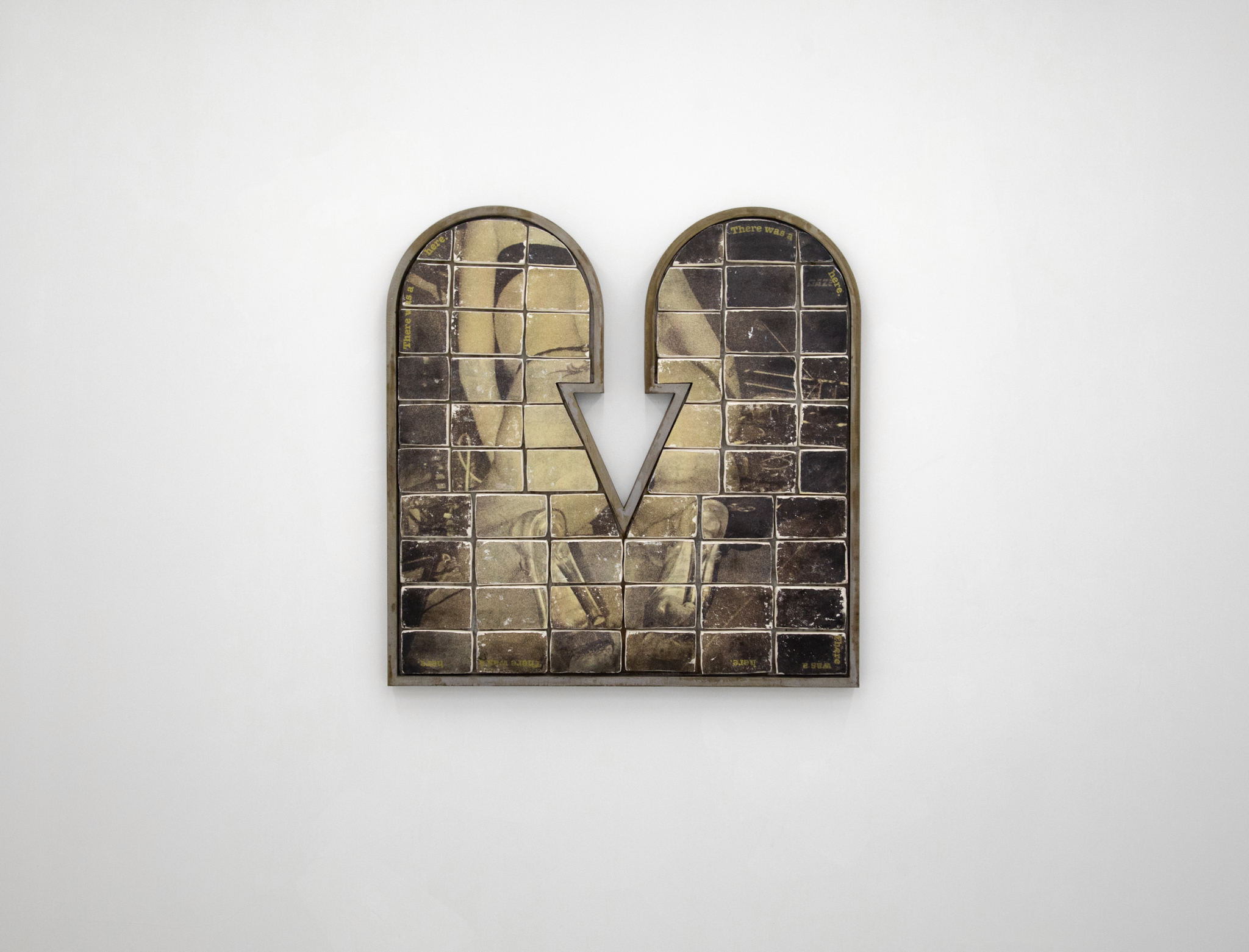 There was a ... here -  96.5 x 95 x 5 cm - Laser transfer, strength & pliable stone modeling clay, oil pastel, matte varnish, chemically treated galvanized steel - photo by Fangyang