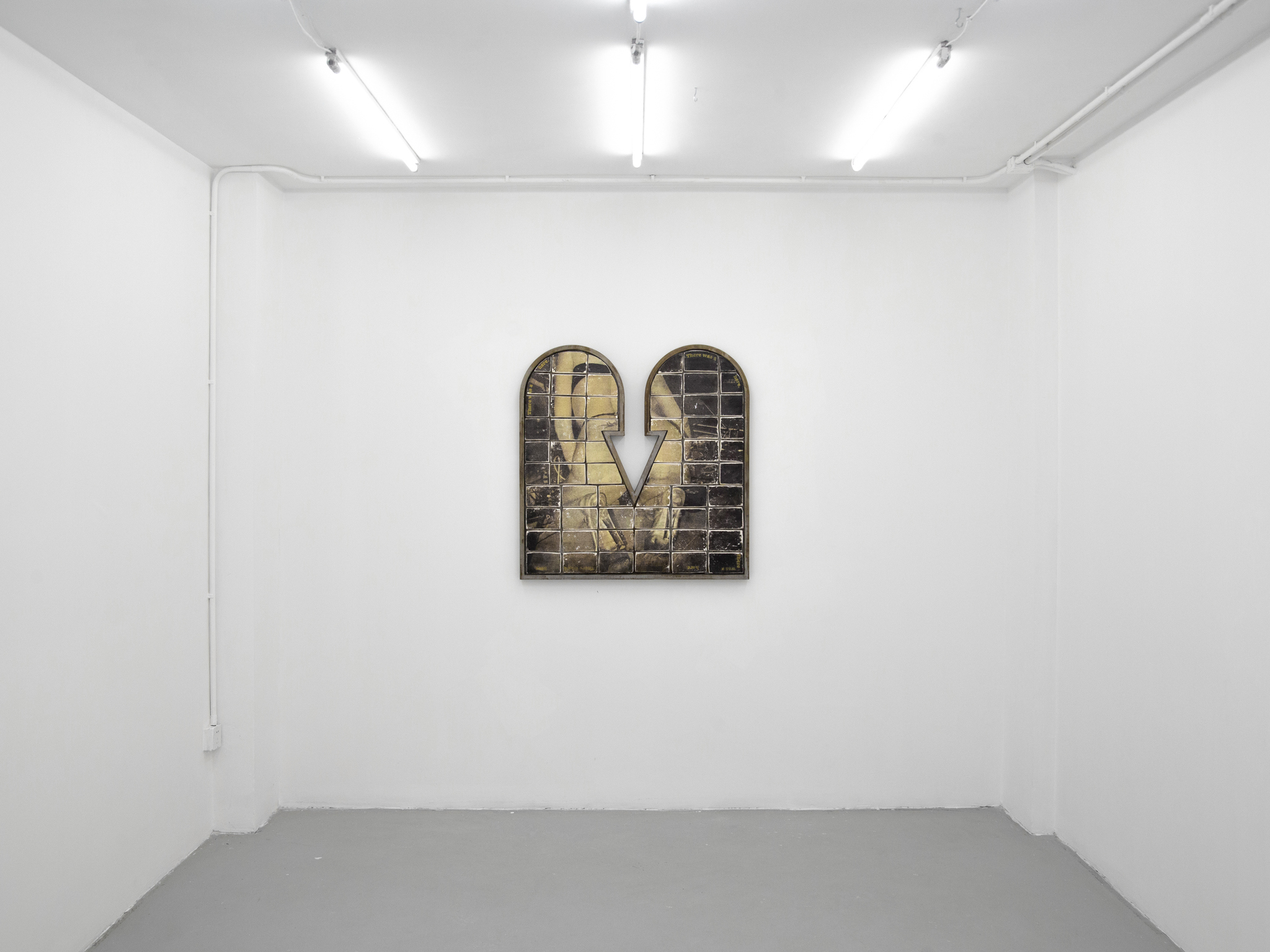 There was a ... here - 96.5 x 95 x 5 cm -  Laser transfer, strength & pliable stone modeling clay, oil pastel, matte varnish, chemically treated galvanized steel - photo by Fangyang