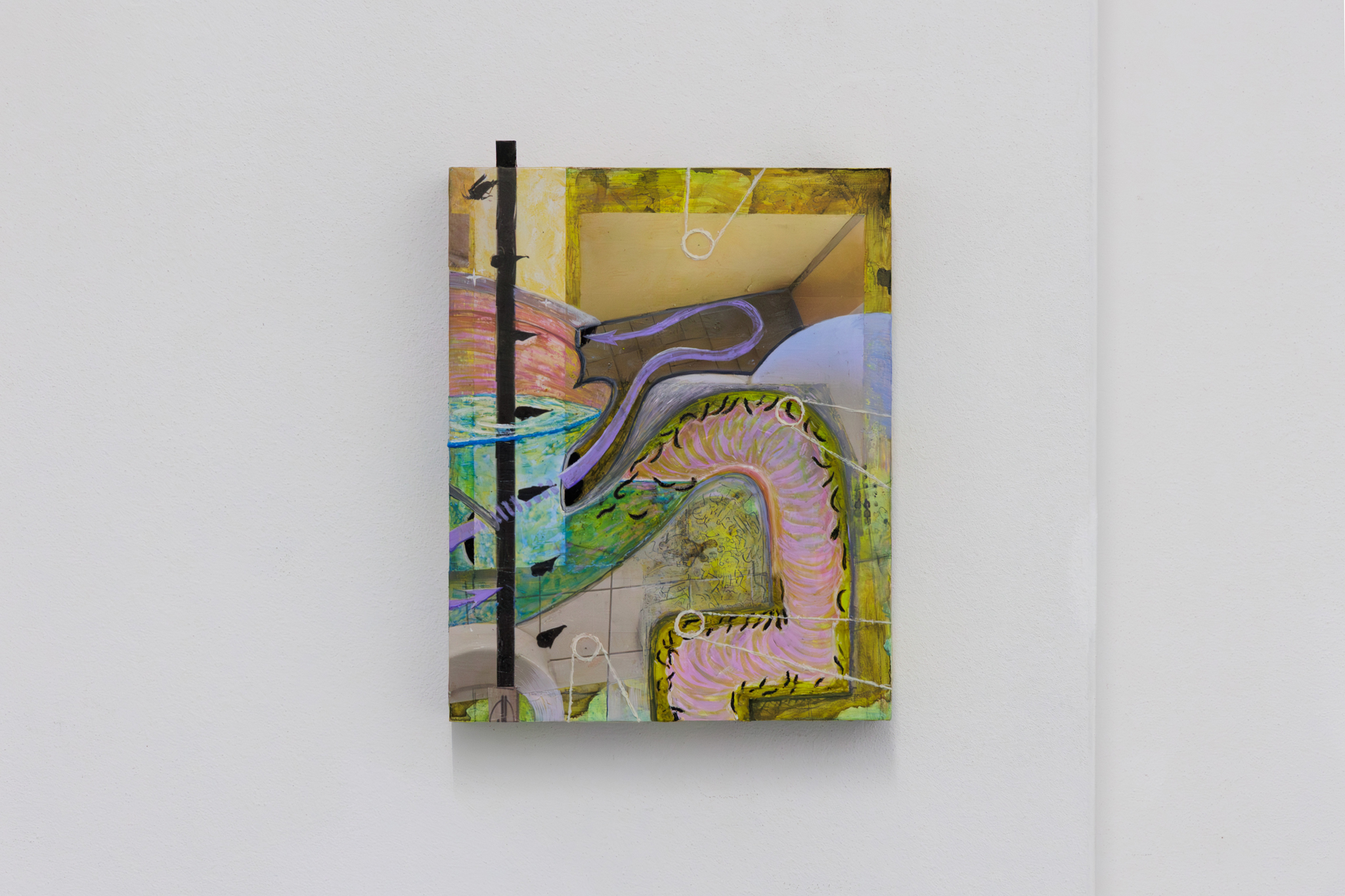 Jonathan Penca, Colonna Sonora, 2025, acrylic and gouache paint, acrylic resin, biro, pencil, gesso and ink on wood. 31 x 24 x 5 cm