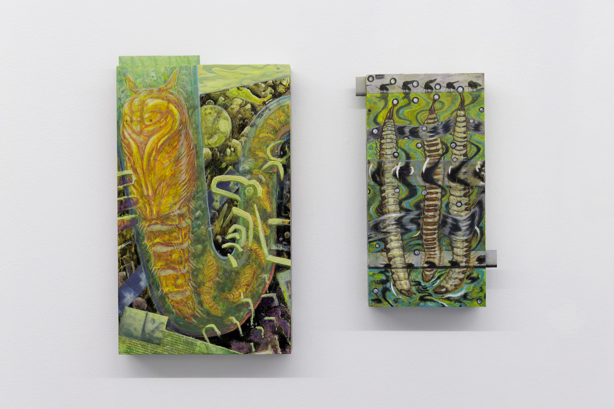 Jonathan Penca, Tinglers Groove, 2025, gouache, acrylic, watercolour, acrylic resin, pencil, gesso, ink and paper on wood, 52 x 30 x 5 c and Tufty Sequence, 2025, gouache, acrylic, acrylic resin, biro, gesso, ink and paper on wood, 40 x 19 x 5 cm)