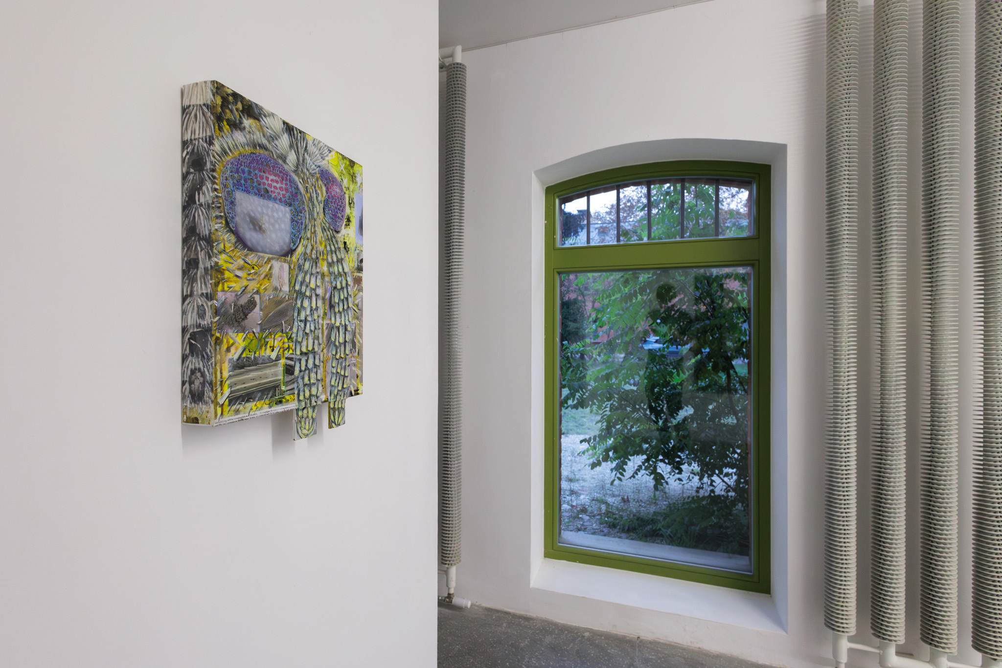 Jonathan Penca, Clogmia, 2025, gouache, acrylic resin, gesso, ink, makeup powder and paper on wood, 44 x 30 x 5 cm