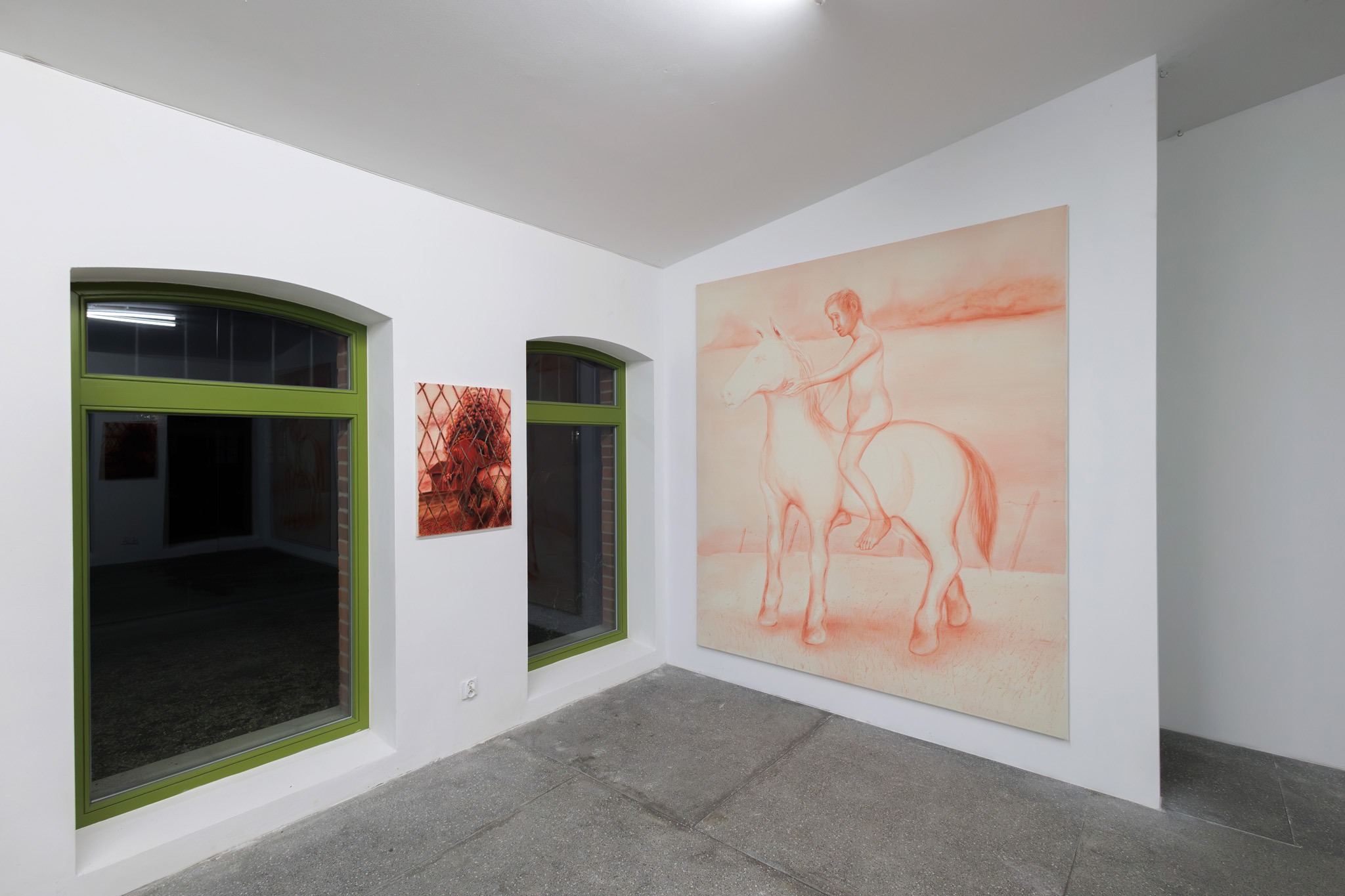 Jakob Gilg, I’m sorry, 2024, pigment and acrylic medium on canvas, 25o x 200 cm; Jakob Gilg, Kindling, 2025, pigment and acrylic medium on canvas, 70 x 50 cm