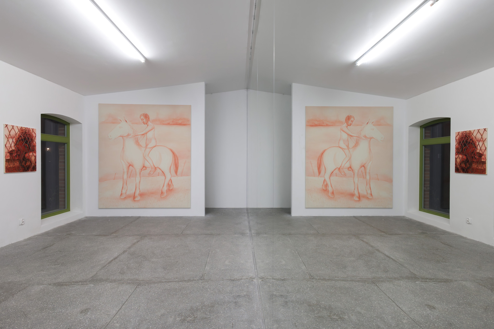 Jakob Gilg, I’m sorry, 2024, pigment and acrylic medium on canvas, 25o x 200 cm; Jakob Gilg, Kindling, 2025, pigment and acrylic medium on canvas, 70 x 50 cm