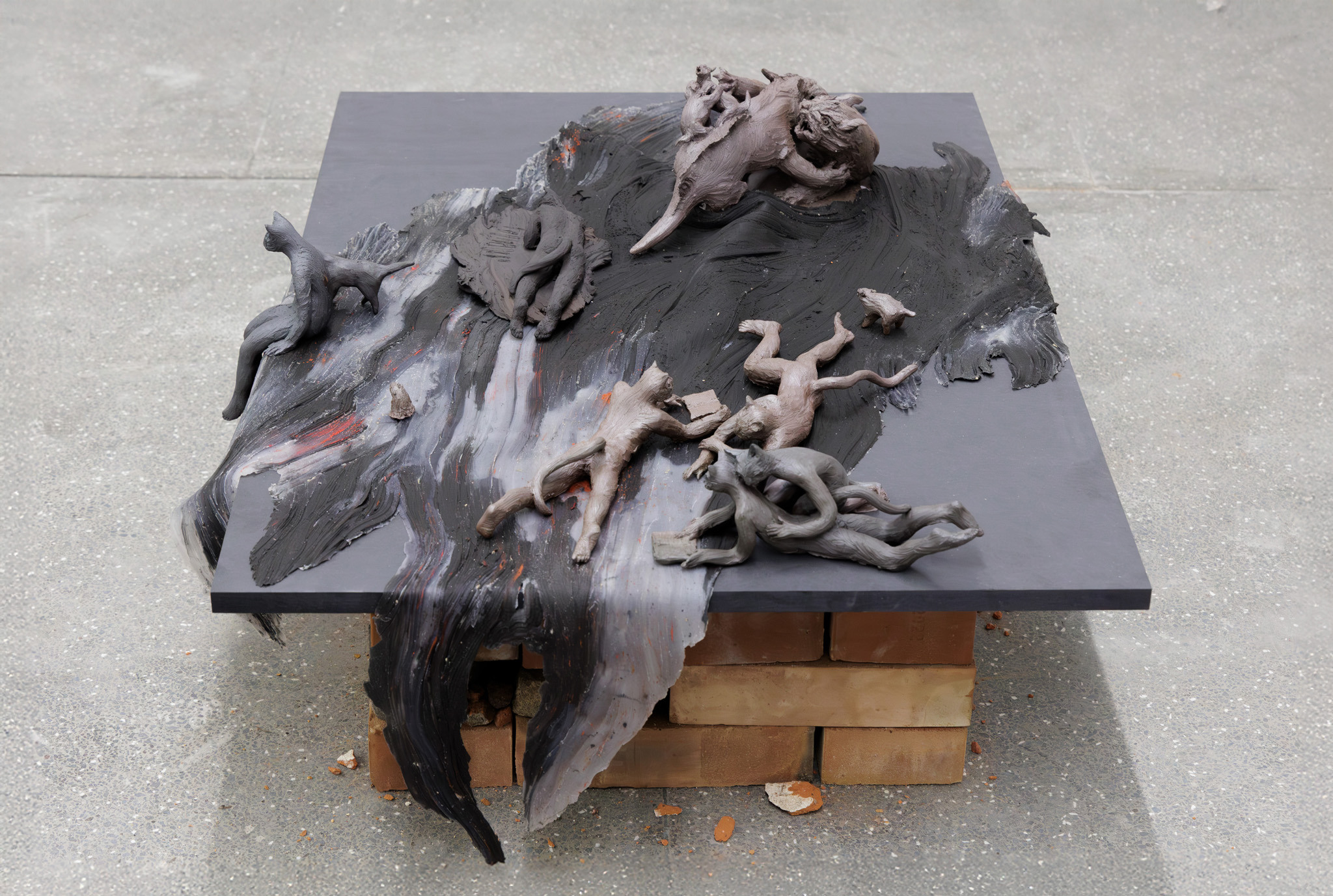 Anka Helfertova, To be in a time of war ( I keep changing my address but war never loses my scent) 2025, bricks, stone, MDF board, silicon, pigment, ceramic, 55 x 120 x 77 cm and 40 x 30 x 30 cm