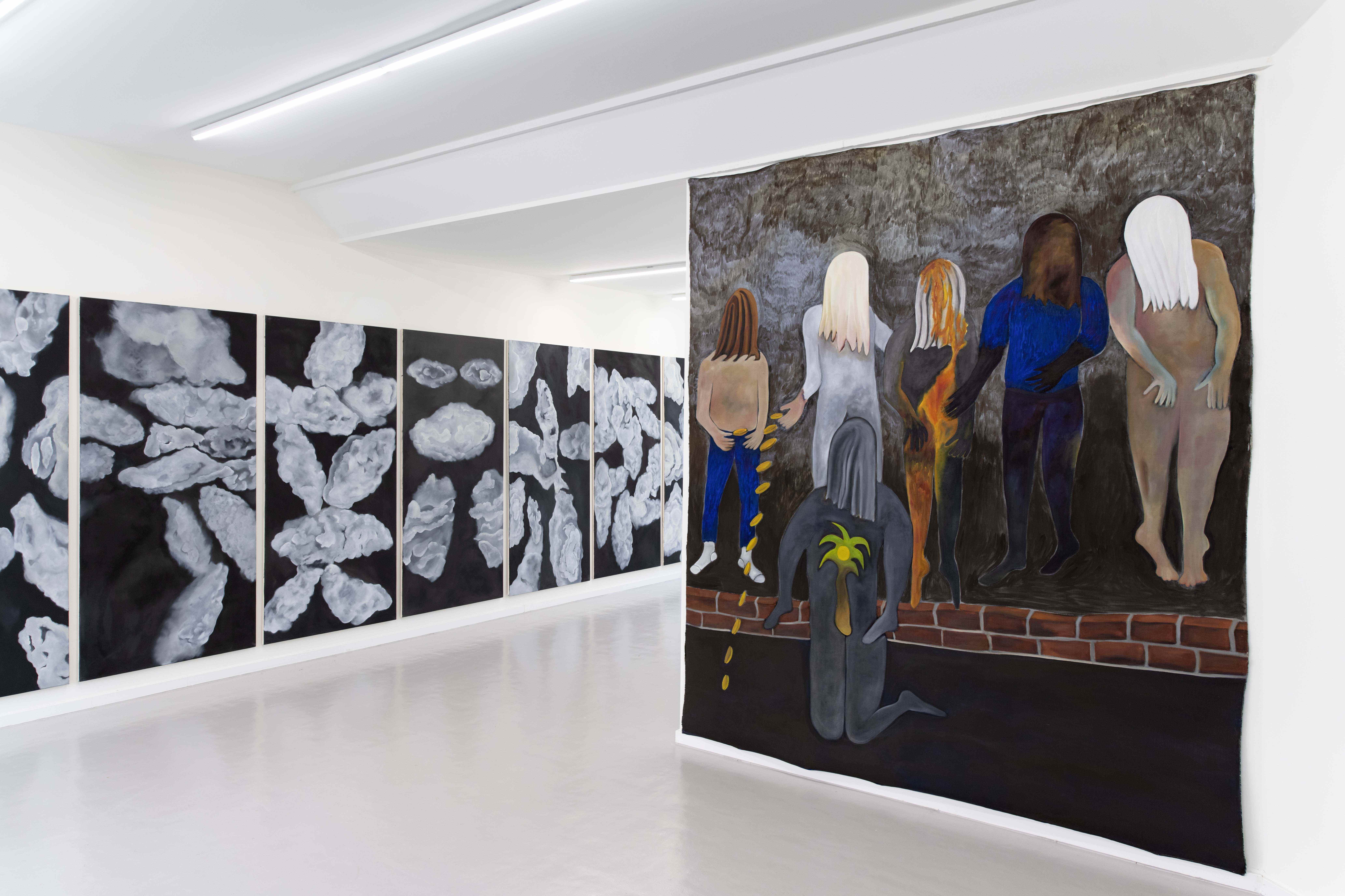 Dein Ende, dein Erbe ( ), 2024  Oil and pigments on linen  210 × 250 cm / Clouds, 2024  Oil and pigments on canvas  8 parts, 190 × 90 cm each