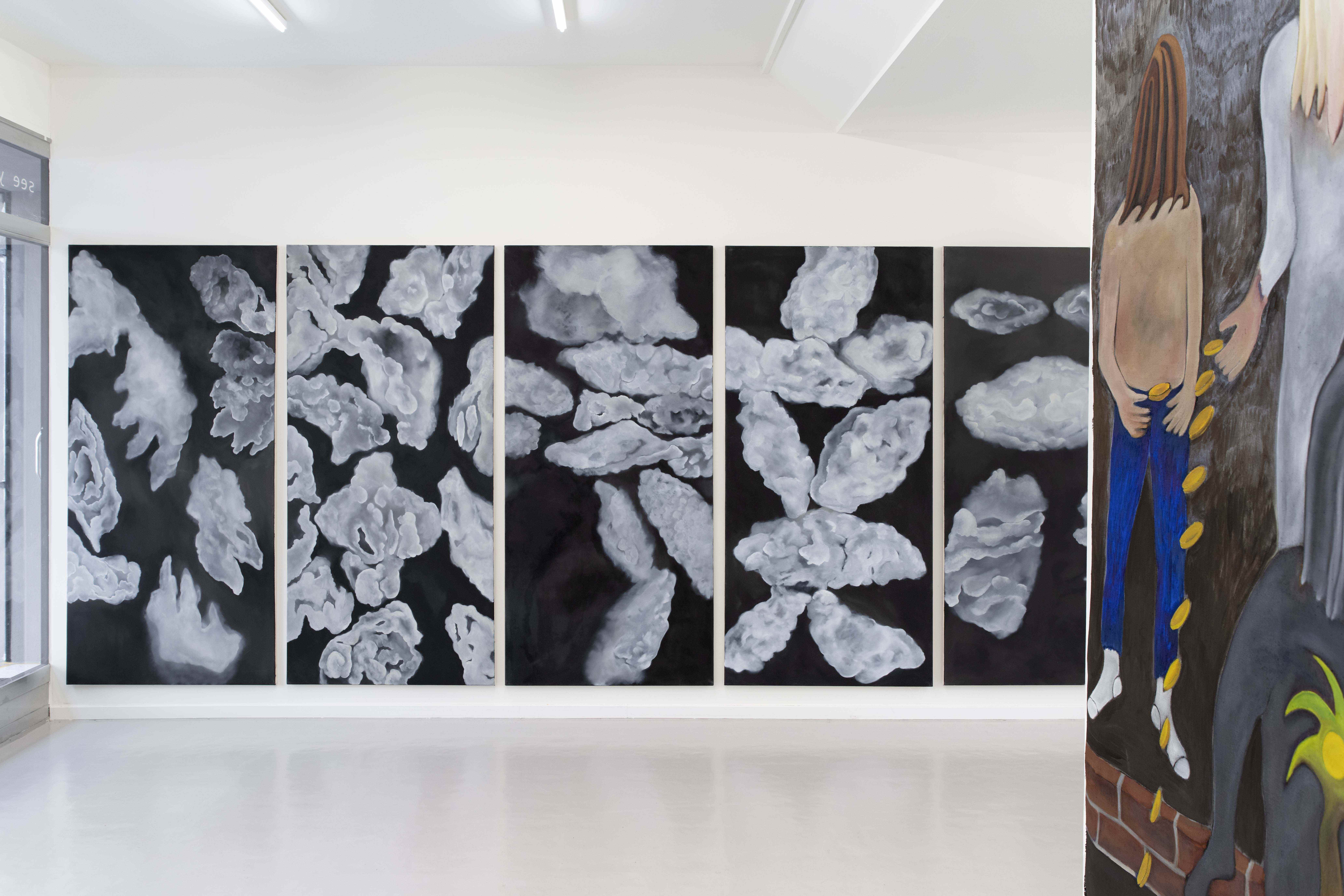 Dein Ende, dein Erbe ( ), 2024  Oil and pigments on linen  210 × 250 cm / Clouds, 2024  Oil and pigments on canvas  8 parts, 190 × 90 cm each