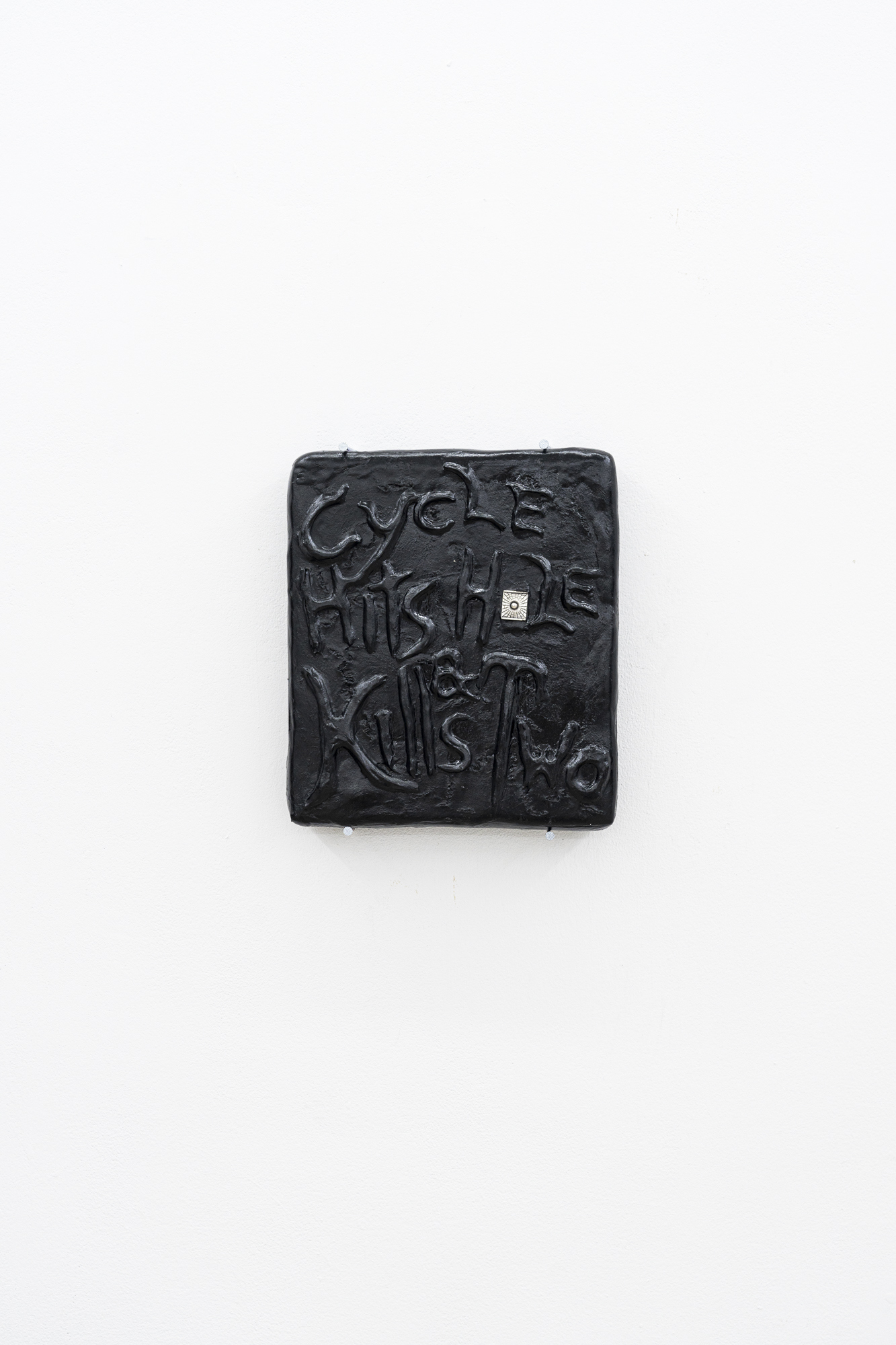 Milan Zientara, Cycle Hits Hole & Kills Two, paper pulp, acrylic, silver, 2025, photo Michał Maliński