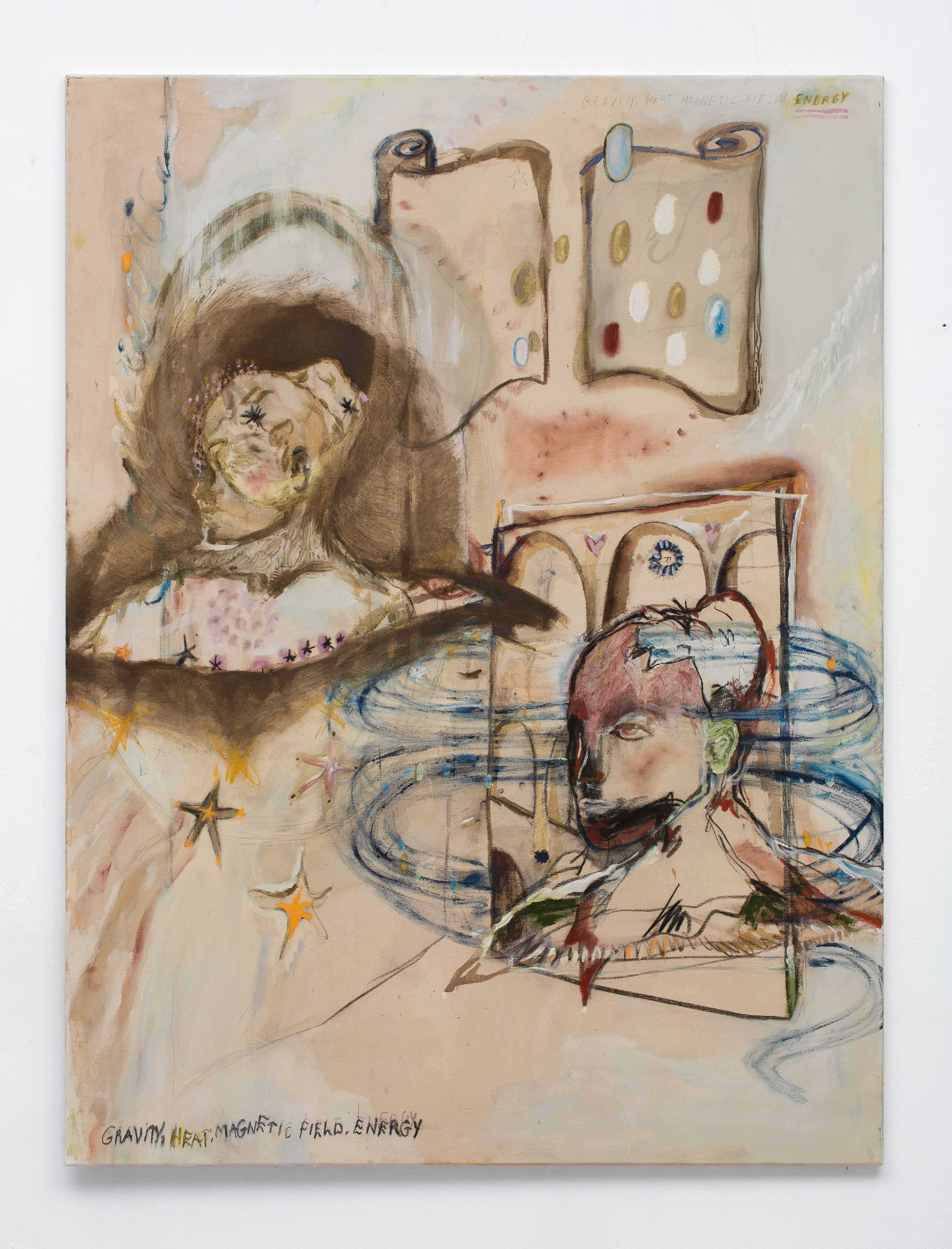 gravity, heat, magnetic field, energy, oil paint, charcoal, oil pastel on canvas, 160 x 120 cm