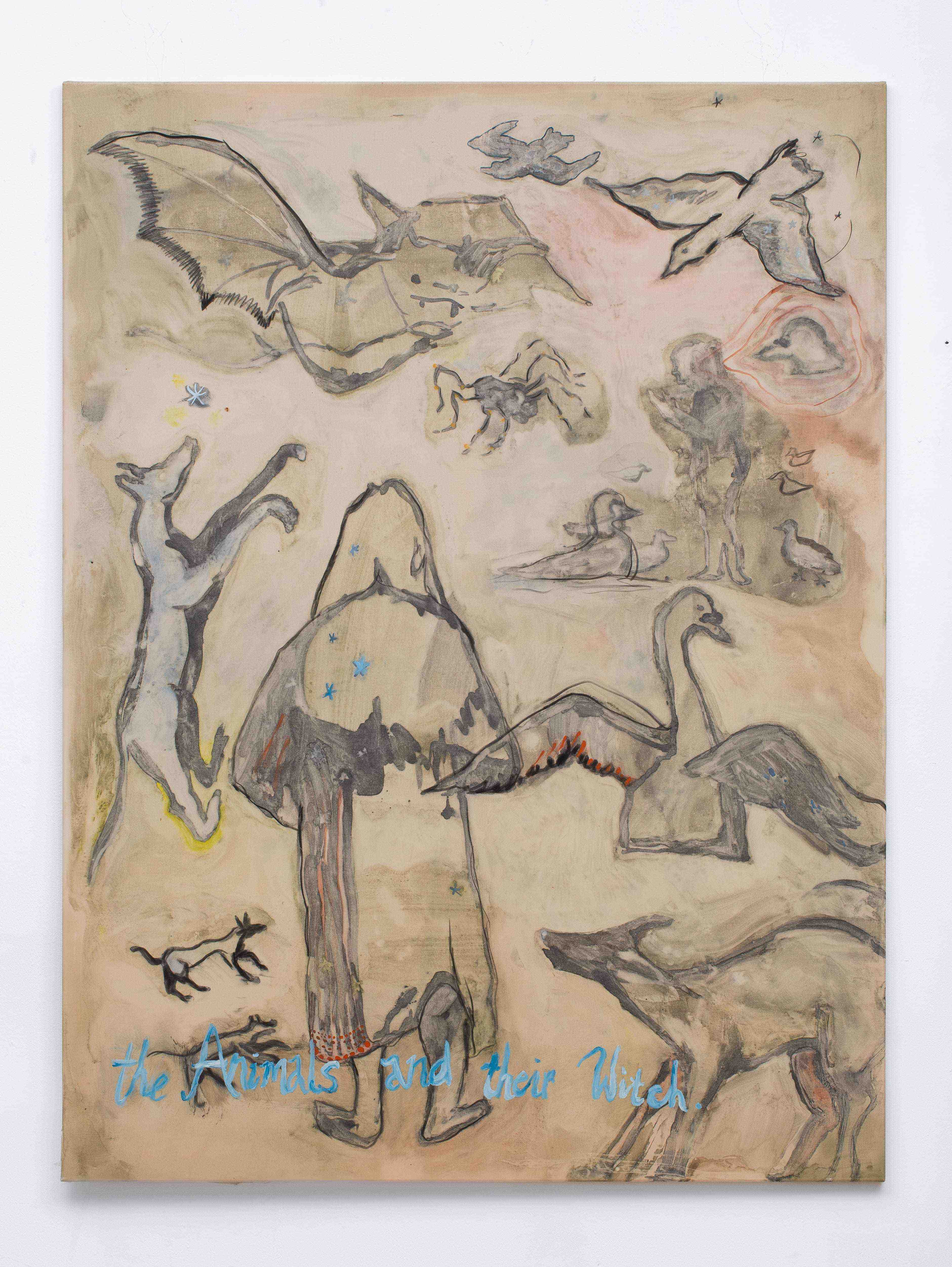 The Animals and their Witch, monotype with earth pigments on silk woven cotton, 160 x 120 cm
