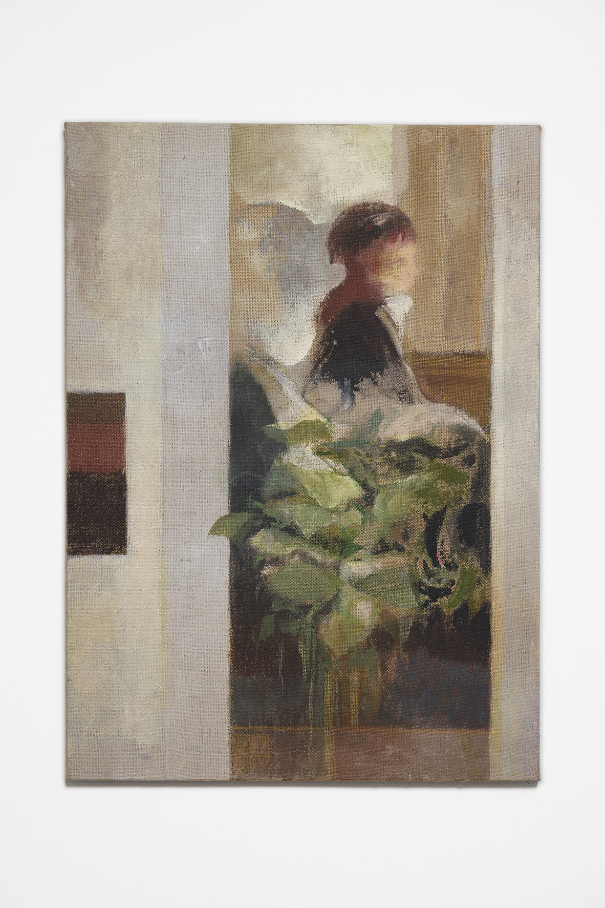 Tomasz Kowalski, untitled (in the mirror), 2025, oil, gouache and pencil on jute, 82 x 59 cm.