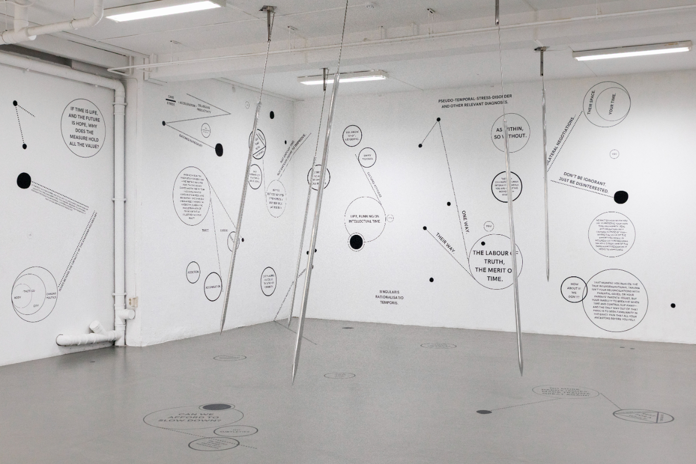Andrea Knezović, As Above, So Below (The Constellation Series), 2025. Large-scale vinyl diagrammatic spatial installation, variable dimensions. / Andrea Knezović, In Our Time, 2025. 