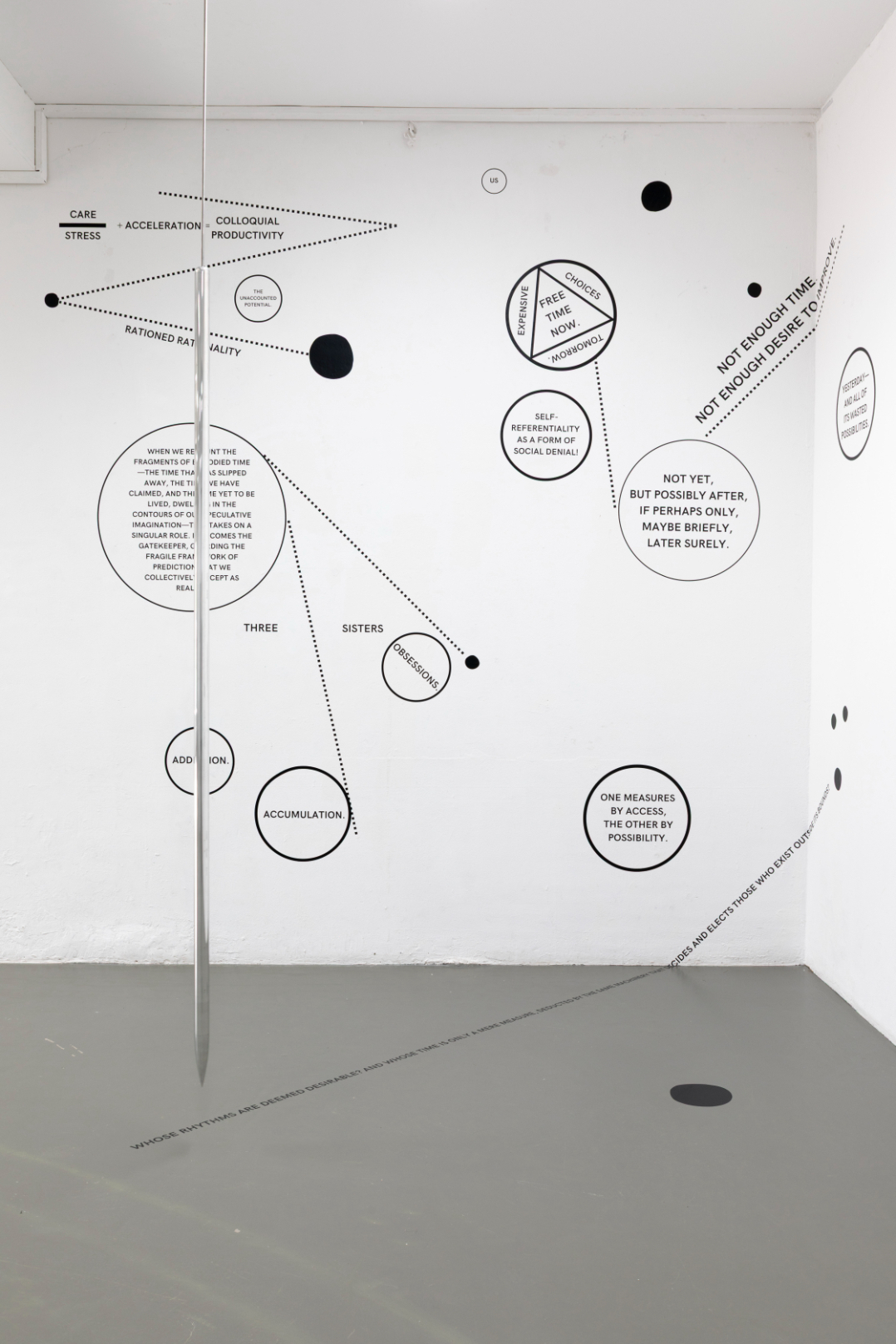 Andrea Knezović, As Above, So Below (The Constellation Series), 2025. Large-scale vinyl diagrammatic spatial installation, variable dimensions. / Andrea Knezović, In Our Time, 2025. Kinetic metal installation, aluminium and steel.