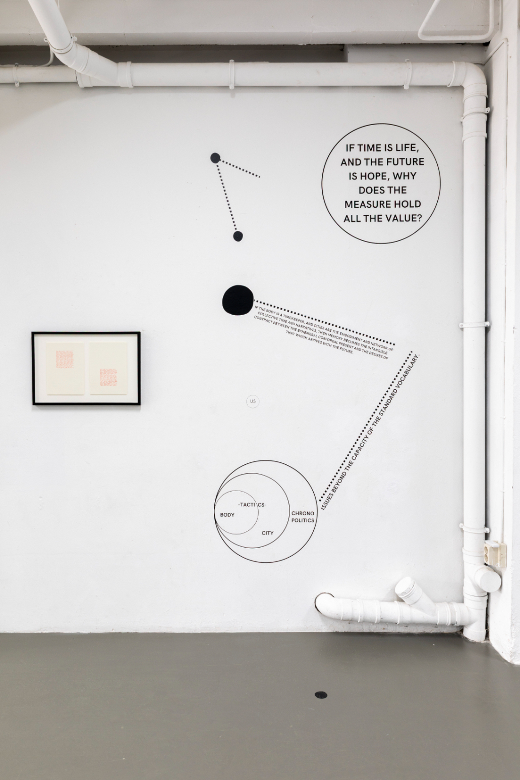 Andrea Knezović, As Above, So Below (The Constellation Series), 2025. Large-scale vinyl diagrammatic spatial installation, variable dimensions. / Andrea Knezović, Your Space, Your Measure. Your Words, Your Rhythm, 2025. Hand drawings, diptych.