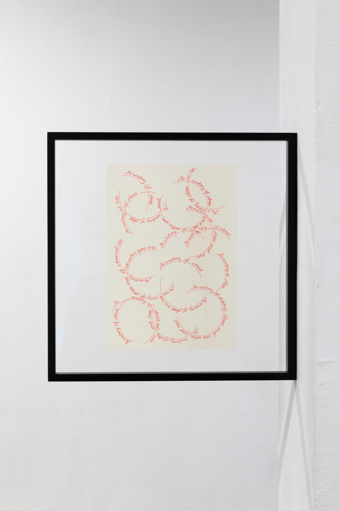 Andrea Knezović, The Anatomy of Anxiety, 2025. Hand drawing, paper & red pen. 21x29.7 double-sided museum glass frame.