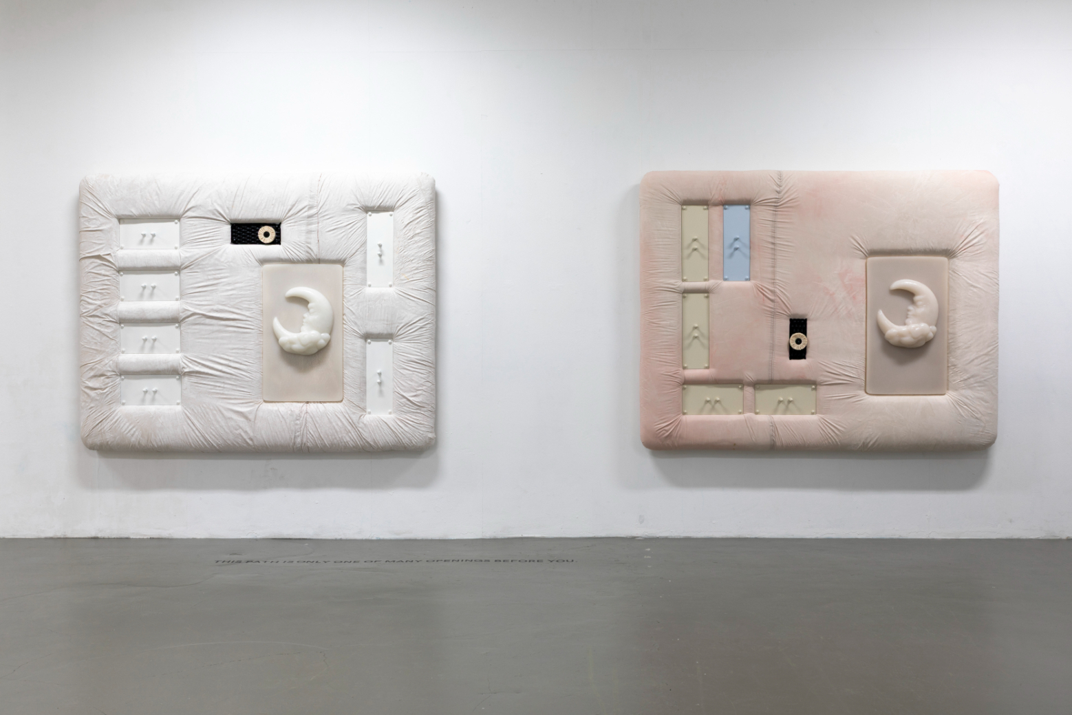 Yeşim Akdeniz, GUTE NACHT #1, 2025. Textile, silicone, paint, metal, upholstery, wood, 150x190cm. / Yeşim Akdeniz, GUTE NACHT #2, 2025. Textile, silicone, paint, metal, upholstery, wood, 150x190cm.