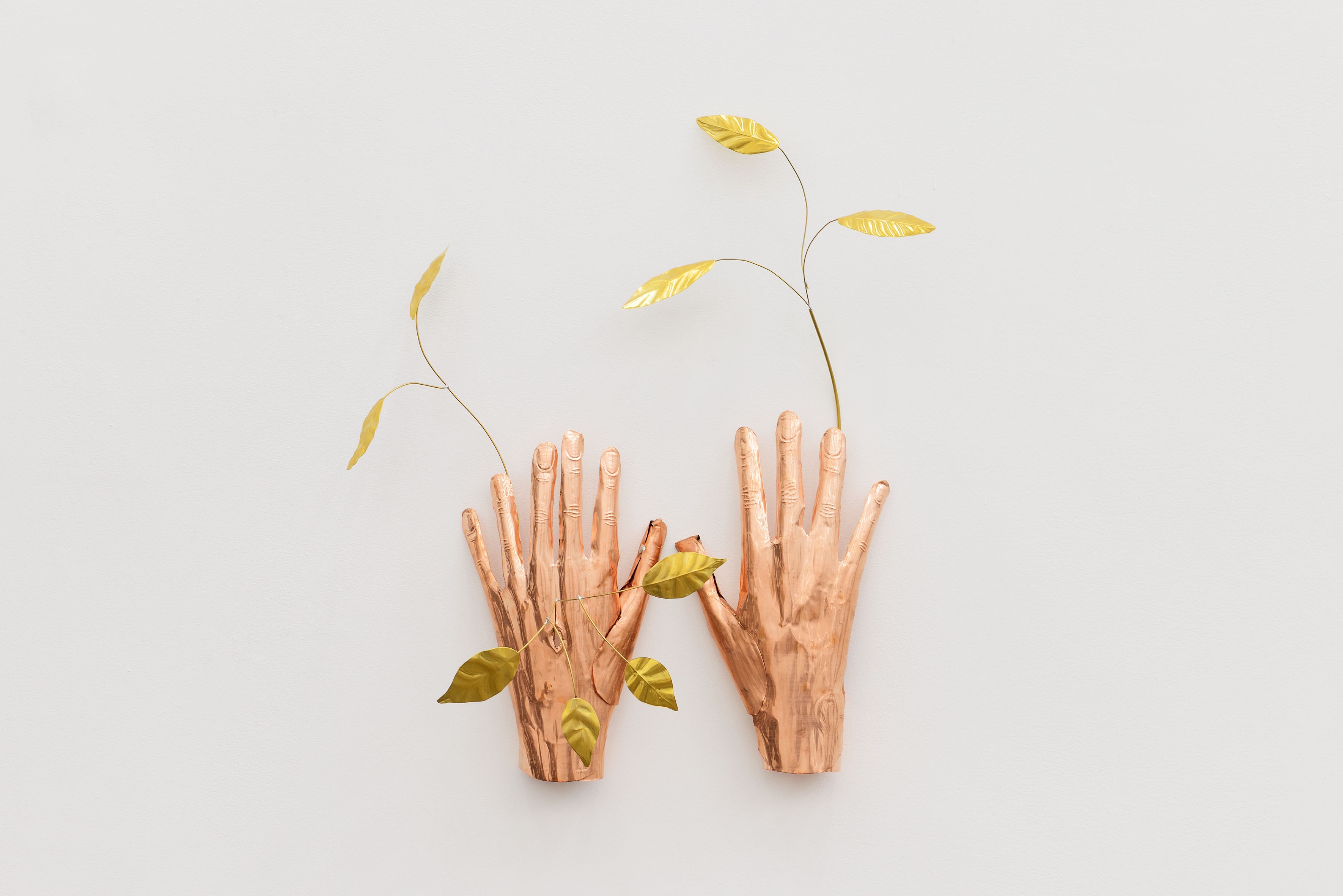 Blanca Gracia, Dafnomancia, 2025, hand-embossed copper and brass plates and rods, lacquered and soldered with tin and silver, 30 x 16 x 44 cm. Photo by Roberto Apa. Courtesy of ADA, Rome