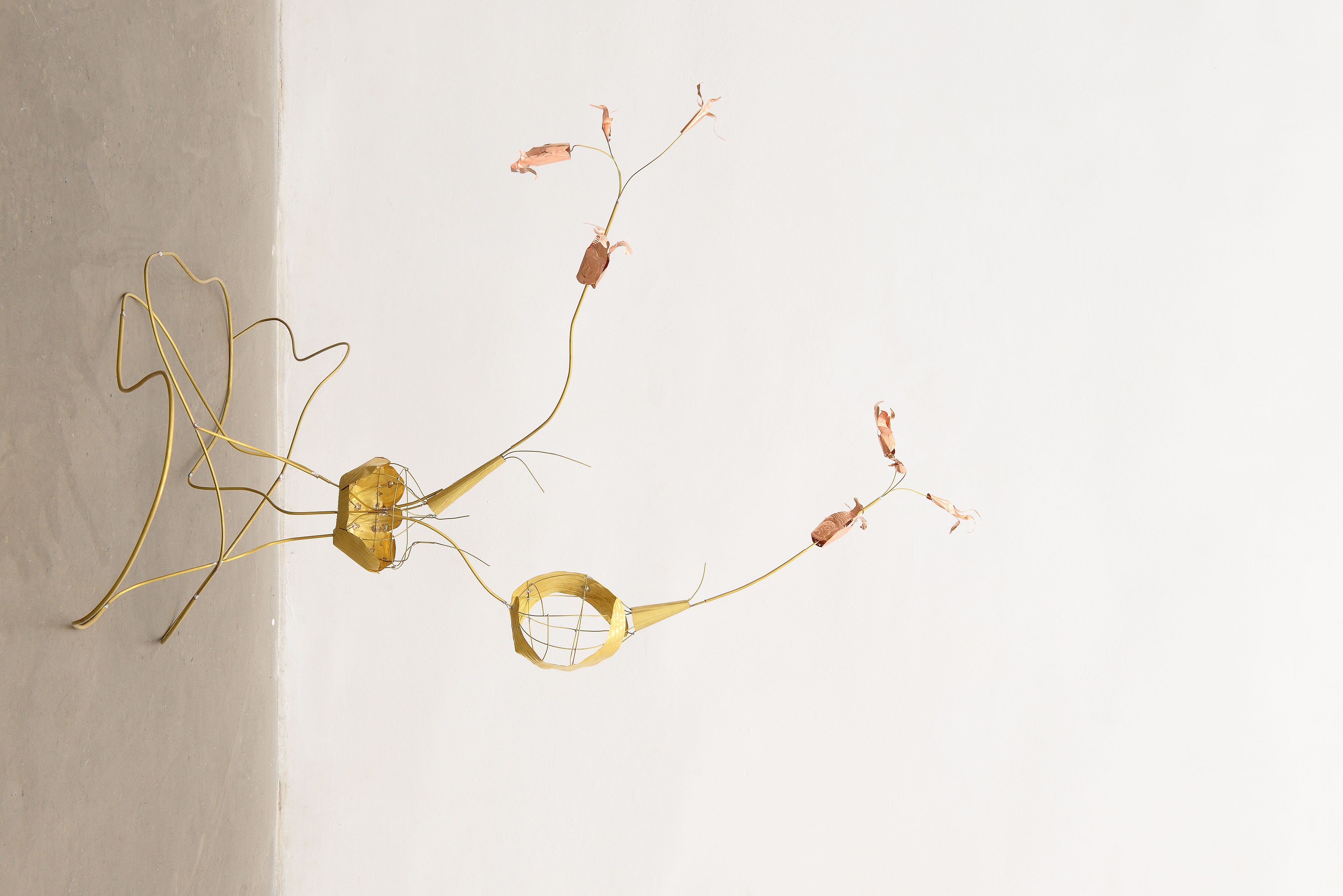 Blanca Gracia, Finocchi, 2025, hand-embossed copper and brass plates and rods, lacquered and soldered with tin and silver, 70 x 65 x 66 cm. Photo by Roberto Apa. Courtesy of ADA, Rome