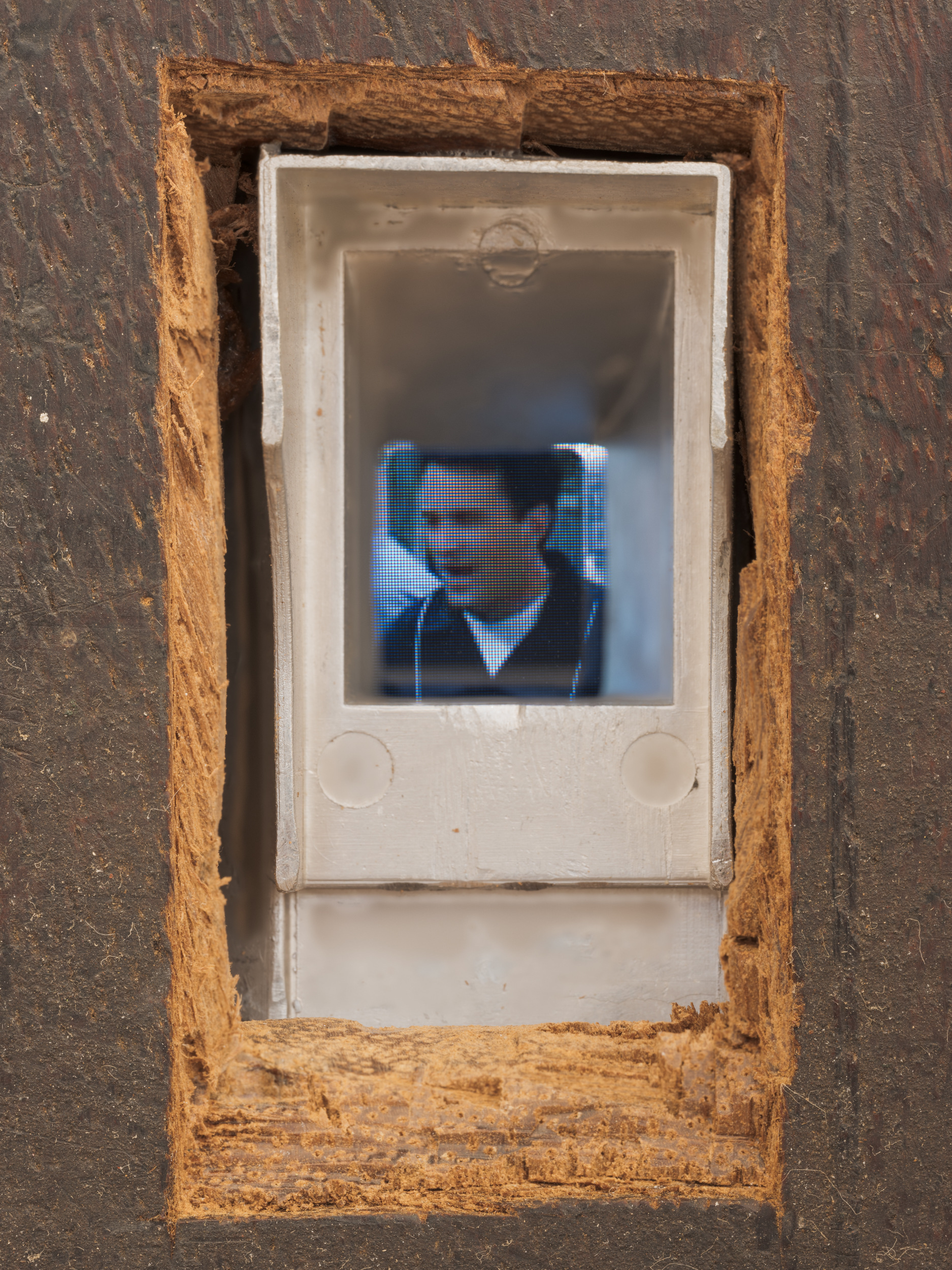 Vincent Scheers, Untitled (Friends), 2025, Wood, aluminium, videoplayer, screen, eurorack system, distance sensor, build-in speaker, 53 x 32 x 7 cm