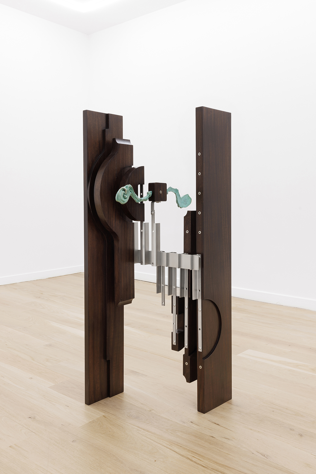 Iconic Domain (s), 2025, patinated bronze, wood, stainless steel