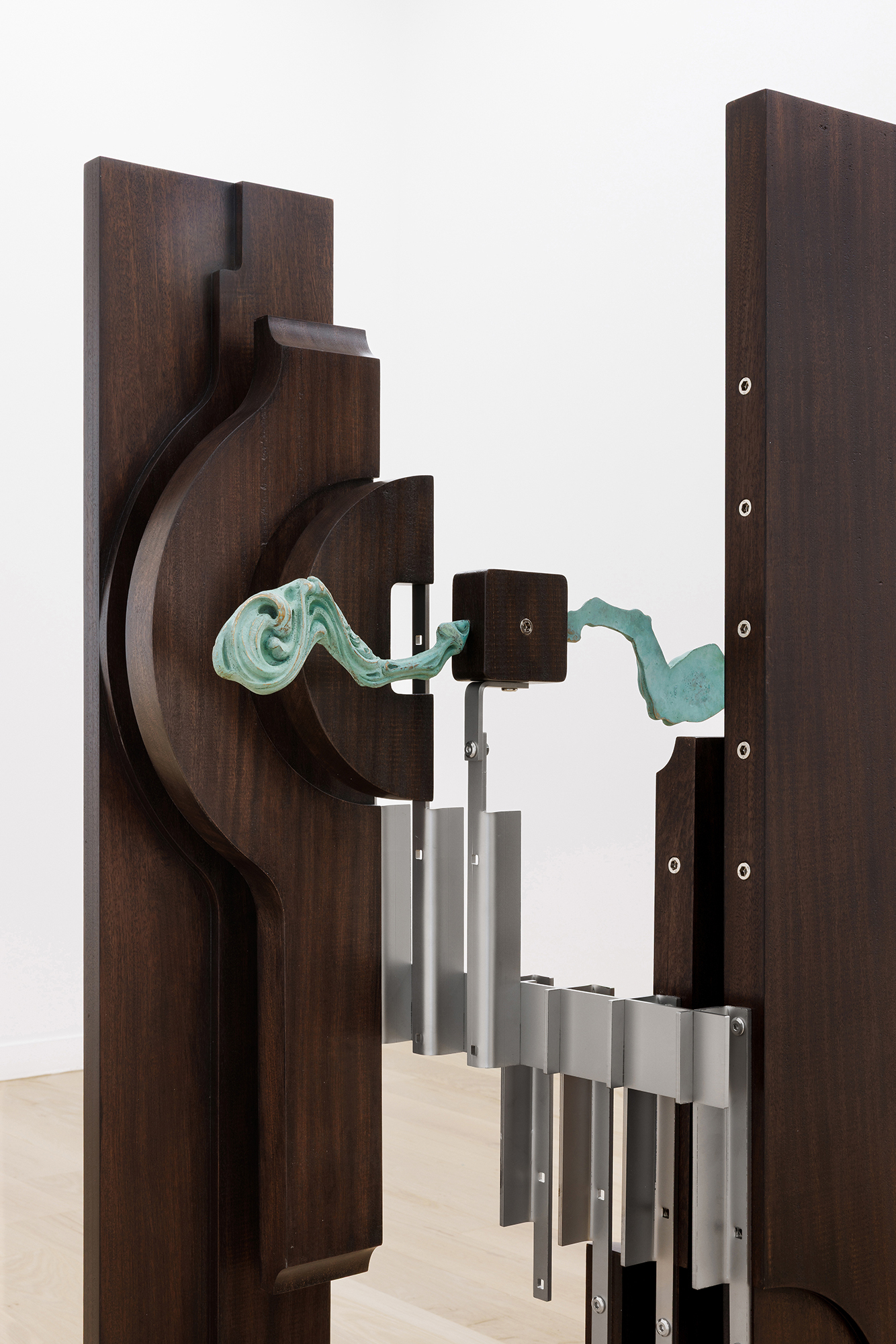 Iconic Domain (s), 2025, patinated bronze, wood, stainless steel