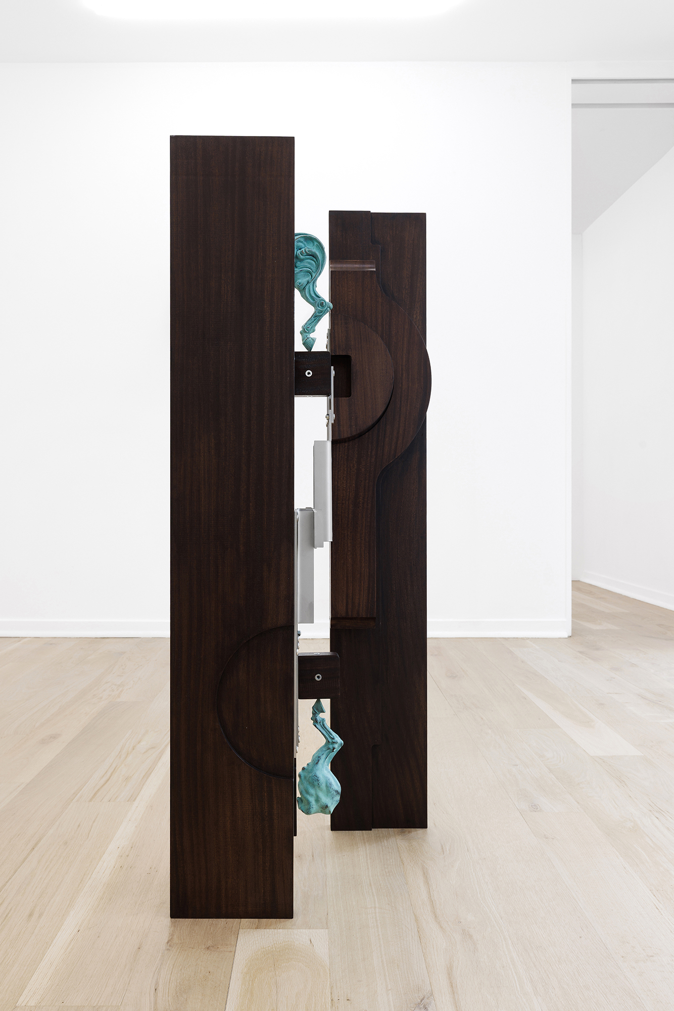 Iconic Domain (e), 2025, patinated bronze, wood, stainless steel