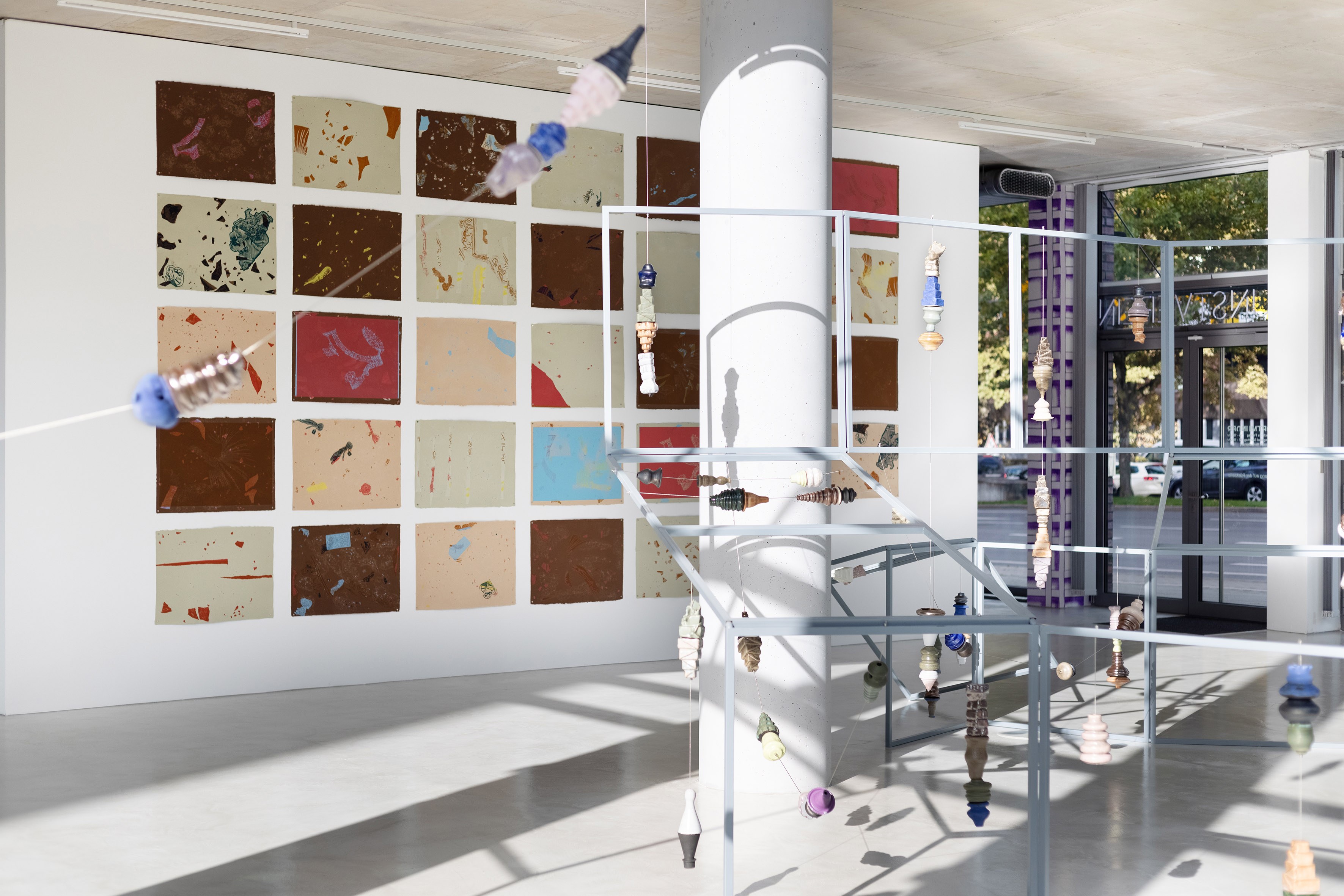 Mariana Castillo Deball, Stringing Beads (2025), Cada Cosa es Babel (2023), installation view, Dortmunder Kunstverein, 2025.  Photo: Jens Franke.  Courtesy the artist