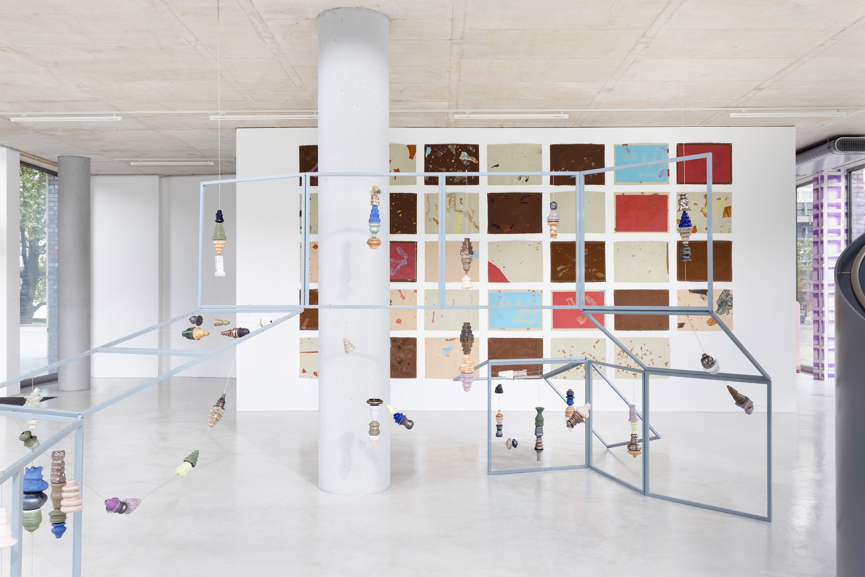 Mariana Castillo Deball, Stringing Beads (2025), Cada Cosa es Babel (2023), installation view, Dortmunder Kunstverein, 2025.  Photo: Jens Franke.  Courtesy the artist