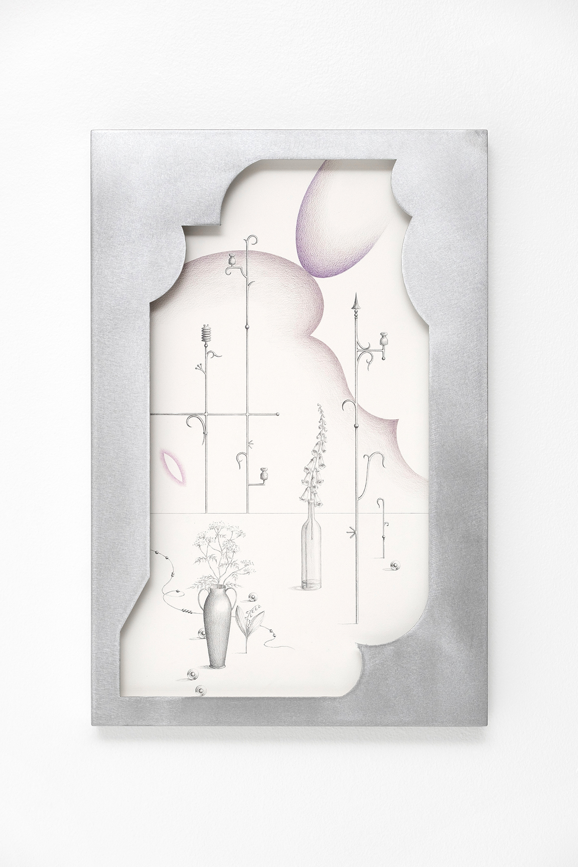Anna Mari Liivrand. Fading Voltage, Digitalis, Hemlock and Lily of the Valley. 60 x 42 cm,  aluminum frame, graphite and colored pencil on cotton paper, museum glass 2025. Photo Albert Kerstna