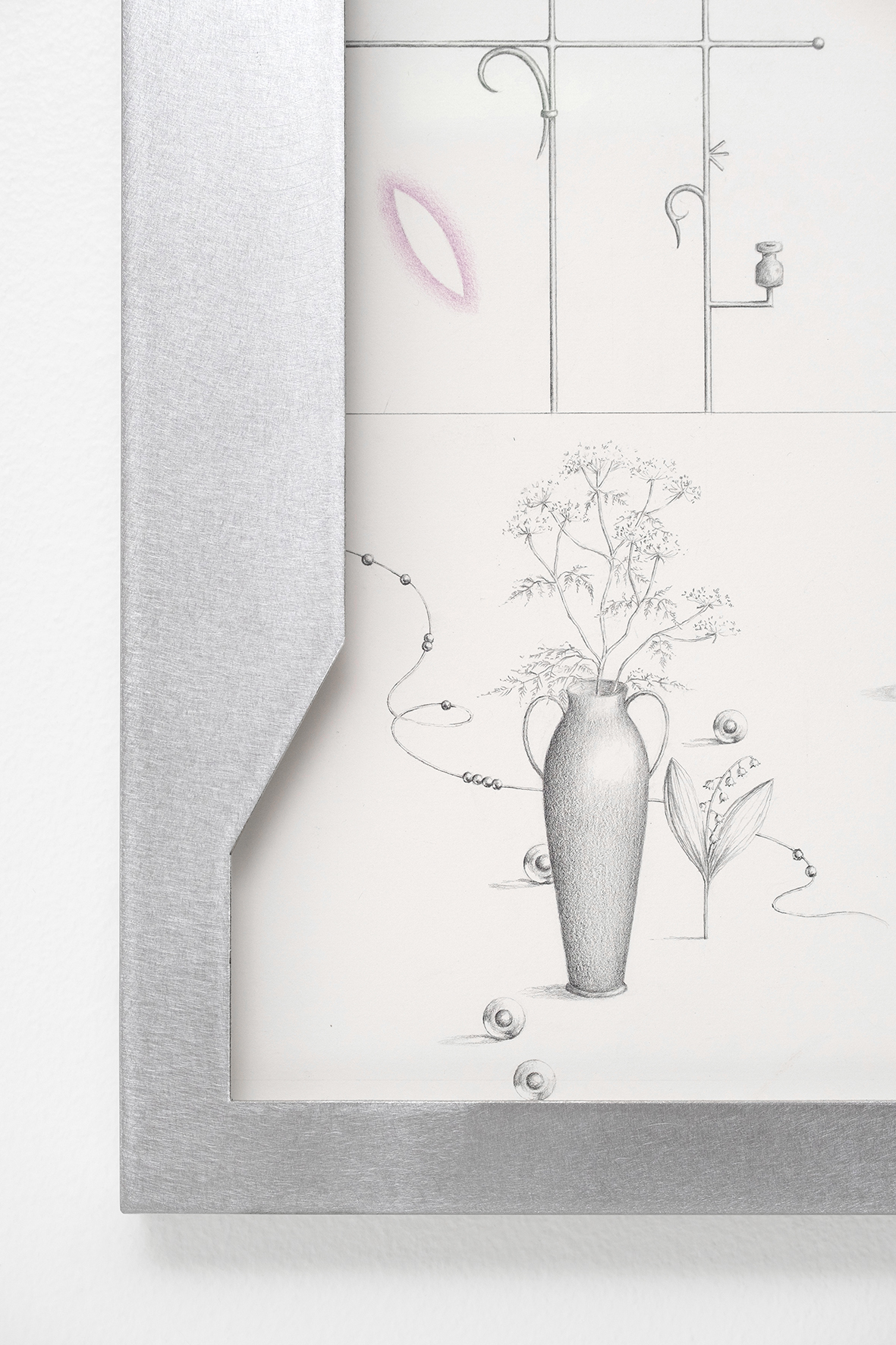 Anna Mari Liivrand. Fading Voltage, Digitalis, Hemlock and Lily of the Valley. 60 x 42 cm,  aluminum frame, graphite and colored pencil on cotton paper, museum glass 2025. Photo Albert Kerstna. Detail