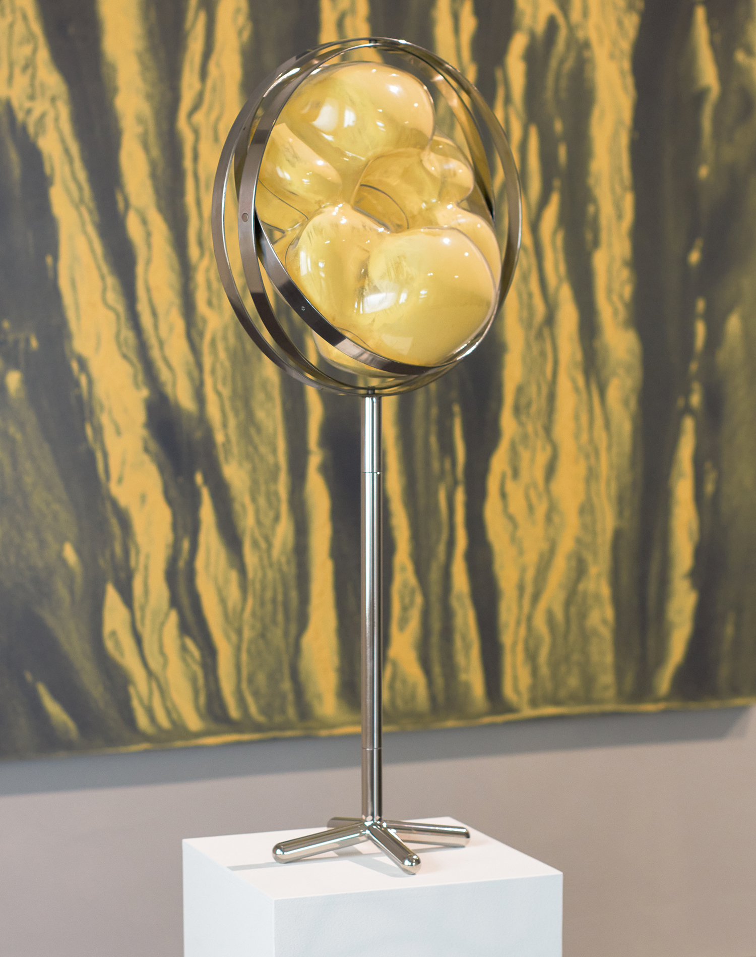 Gyropollen II, 2025 - raw pine pollen, resin, steel - 77 x 34 x 34 cm.