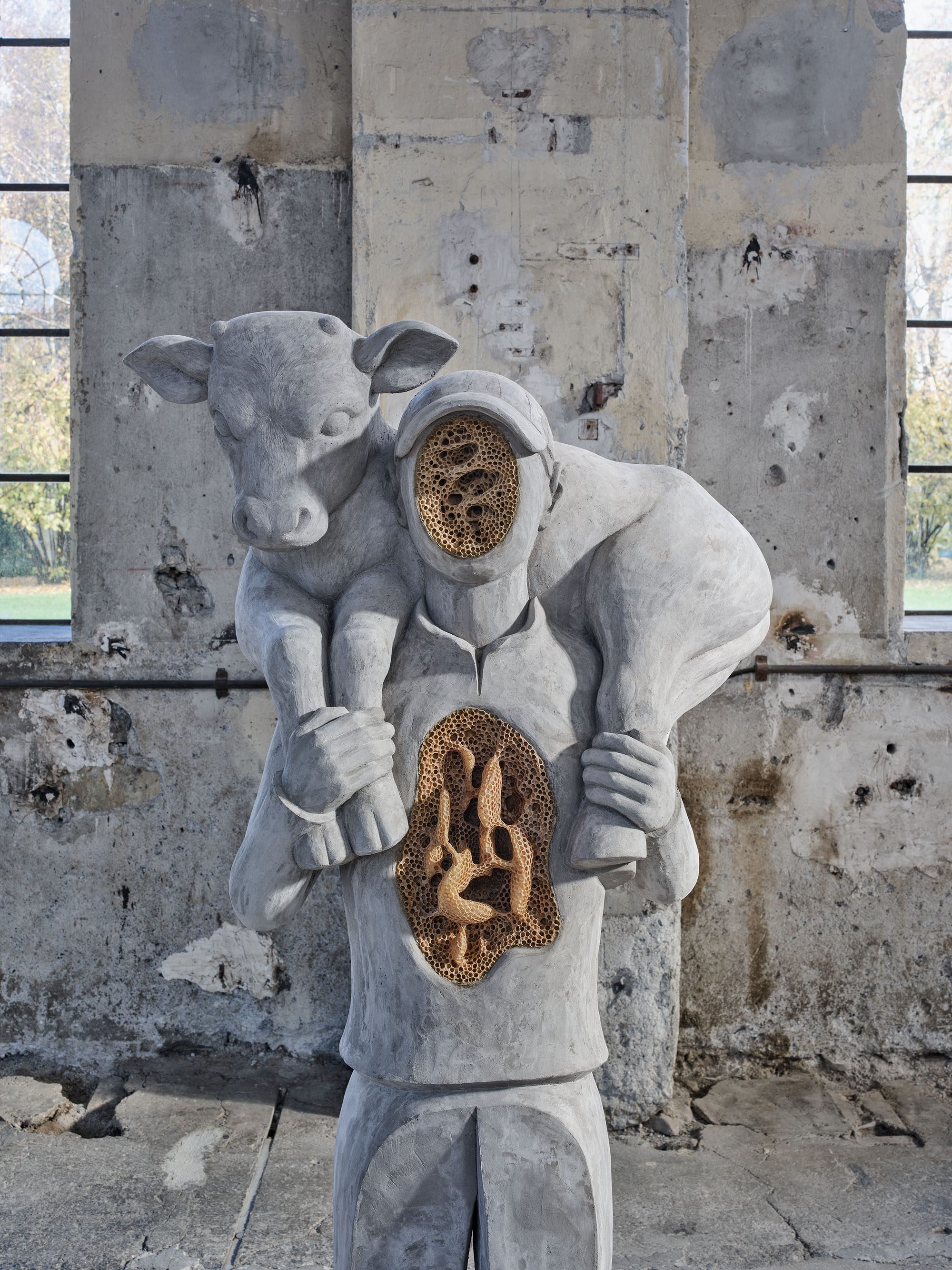 Anna Hulačová, 'Calf Bearer' (2025), installation view  'Bucolica', Kunstraum Dornbirn, 2025, Photo Günter  Richard Wett, © Anna Hulačová, courtesy of the artist  and hunt kastner, Prague.