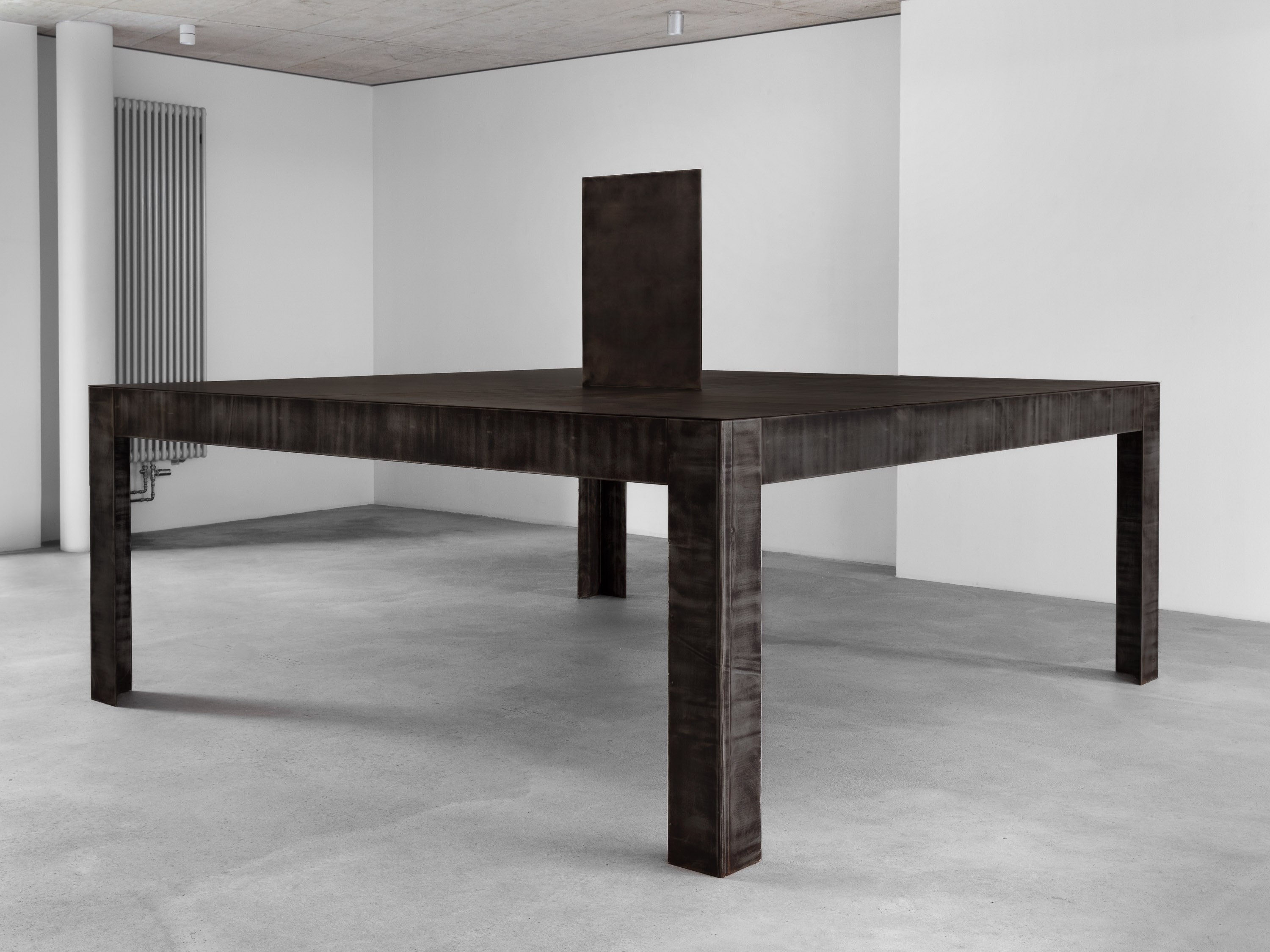 Emanuel de Carvalho, lack archive, 2025, mild steel, slate black patina, two drawings on paper, 165 × 250 cm x 250 cm
