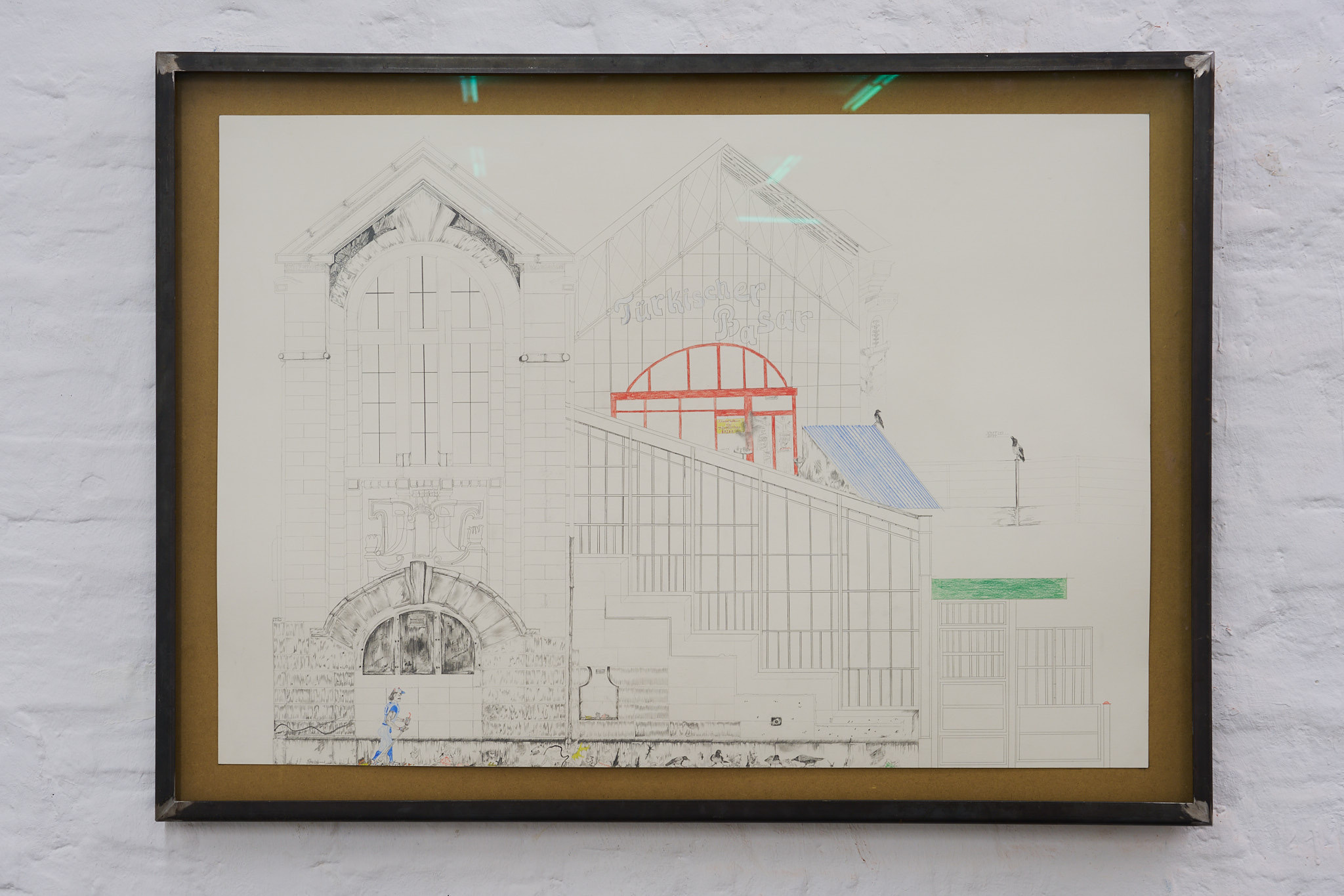 U-BHF Bülowstr. -> “Türkischer Basar“ (1978-2030)-Jugendstil -> $ -> Spaziare30 -> Der Flaneur -> Jeronimohawk -> NYC YANKEES und die Nebelkrähen,2022, Color pencil and graphite on paper, steel frame, Museum glass, 100x70 cm