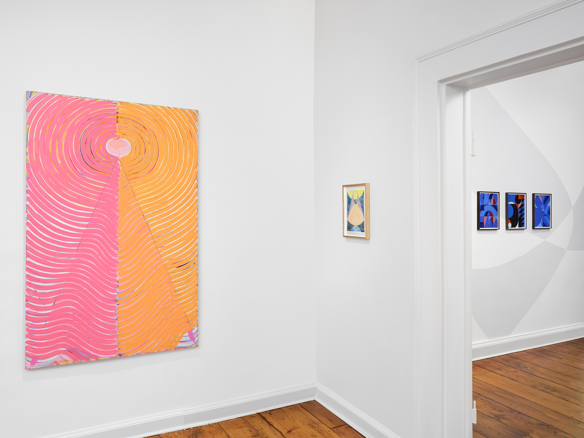 Room 4, Caroline Streck, Dein Geist komme, acrylic on linen, 2025/ Drei Wünsche frei, watercolour and acrylic on paper, 2025 / Nina Maria Küchler, Nina Maria Küchler, Façade series, 2022-25