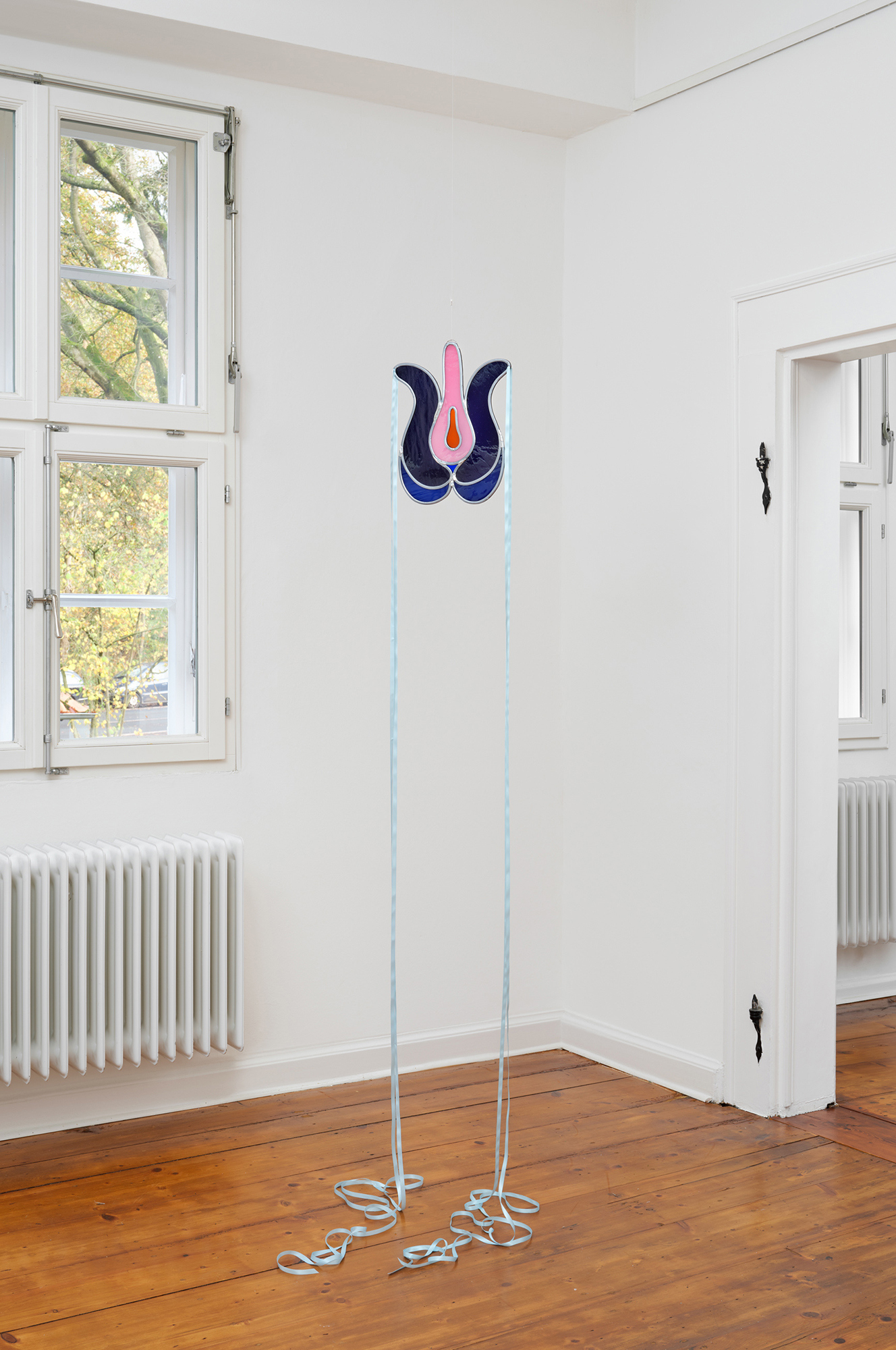 Room 4, Caroline Streck, Sprouts 3, antique glass, lead, satin ribbon,  2025