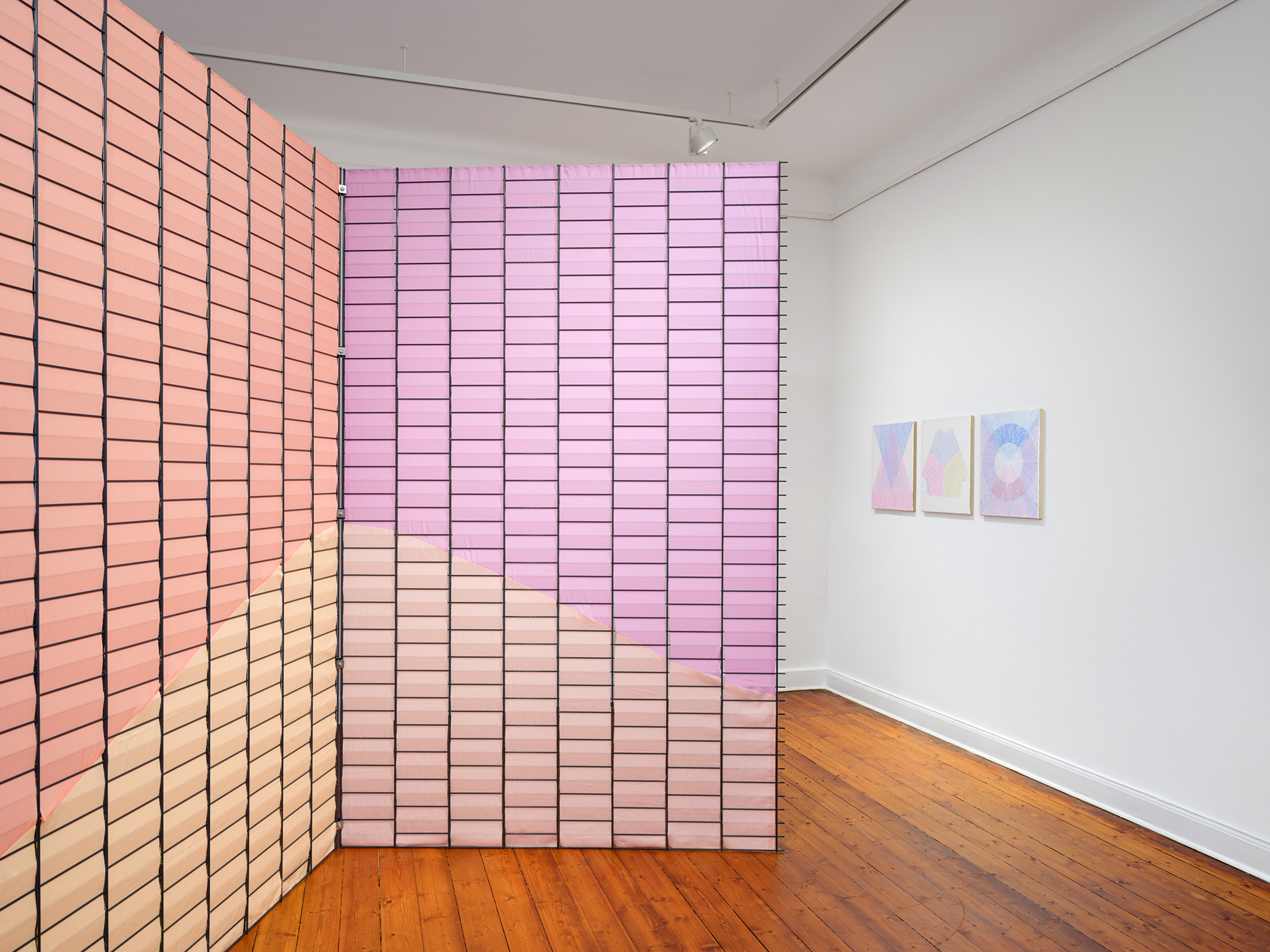 Room 7, Caroline Streck, Sichtschutz (built me a house), double wire panel fence, fabric, 2025 / soft geometries series, acrylic on linen, 2022