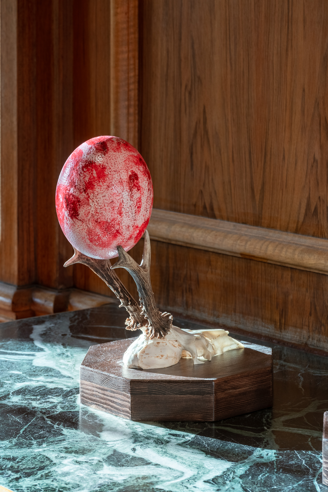 THE KETCHUP SONG/ASEREJÉ (LAS KETCHUP), 2025 ink, saliva, blown ostrich egg, roe deer skulls and antlers, wooden plinths