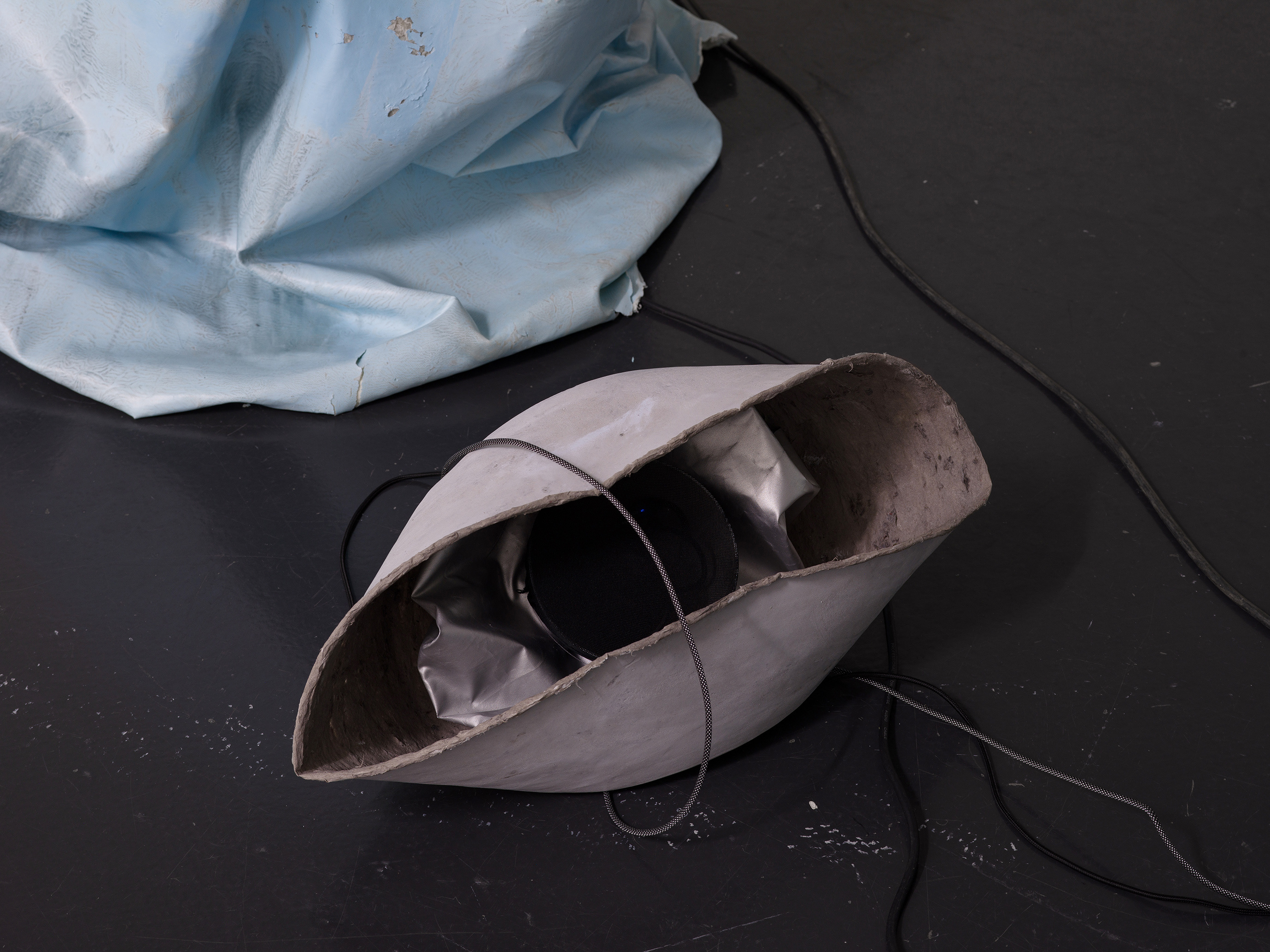 Julia Znoj, dereal cat perspective, 2025, Sound piece 36:48, sound system, soft speakers, bluetooth speakers, subwoover, paper, glue, paint, LED lights, dimensions variable