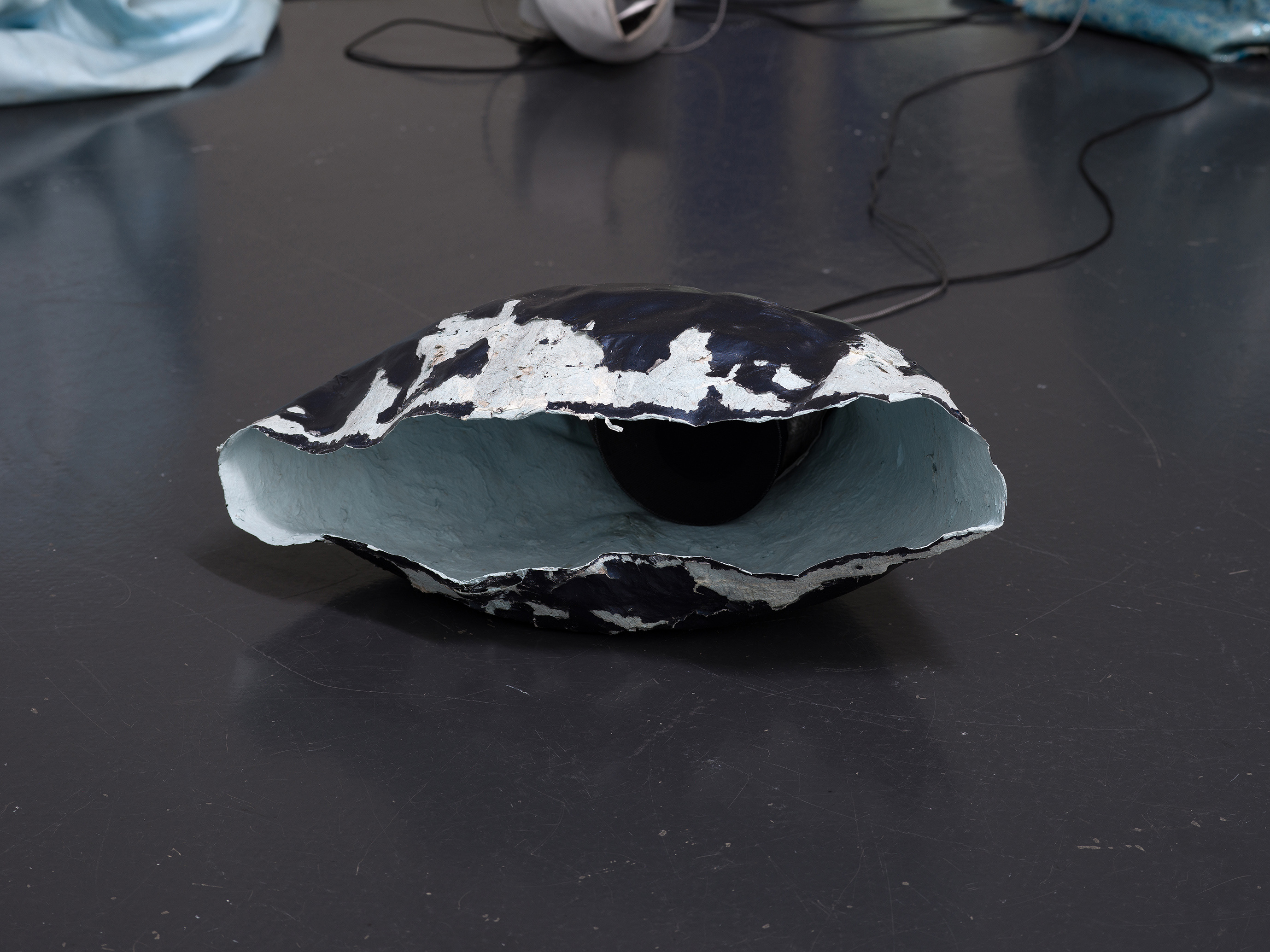 Julia Znoj, dereal cat perspective, 2025, Sound piece 36:48, sound system, soft speakers, bluetooth speakers, subwoover, paper, glue, paint, LED lights, dimensions variable