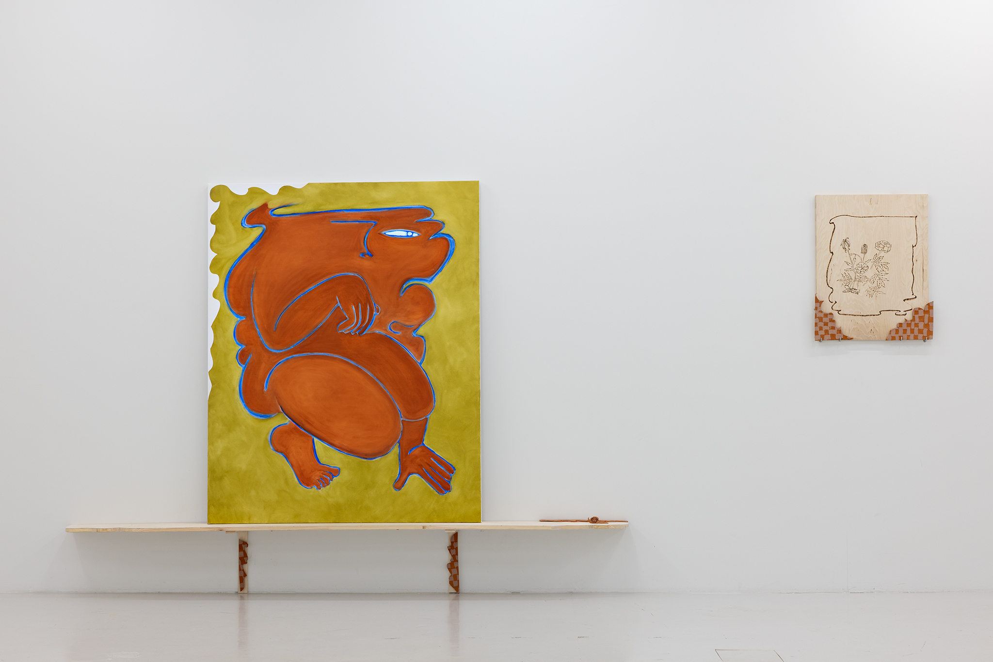 companion, Bogna Luiza Wisniewska, companion I, oil on linen, 120x150, and marigolds untitled, pyrodrawing on wood, 50x62, unglazed clay, 2025