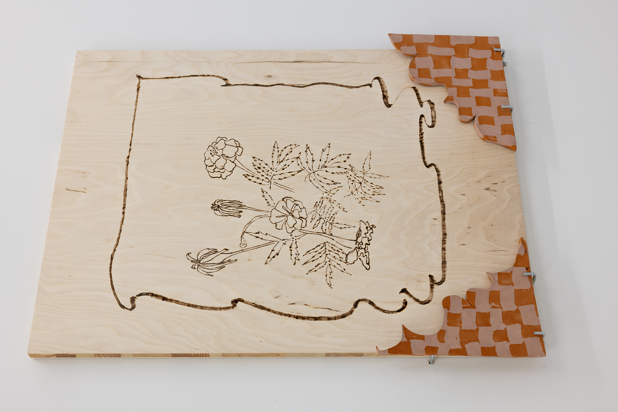 companion, Bogna Luiza Wisniewska, marigolds untitled, 2025, pyrodrawing on wood, 50x62, unglazed clay