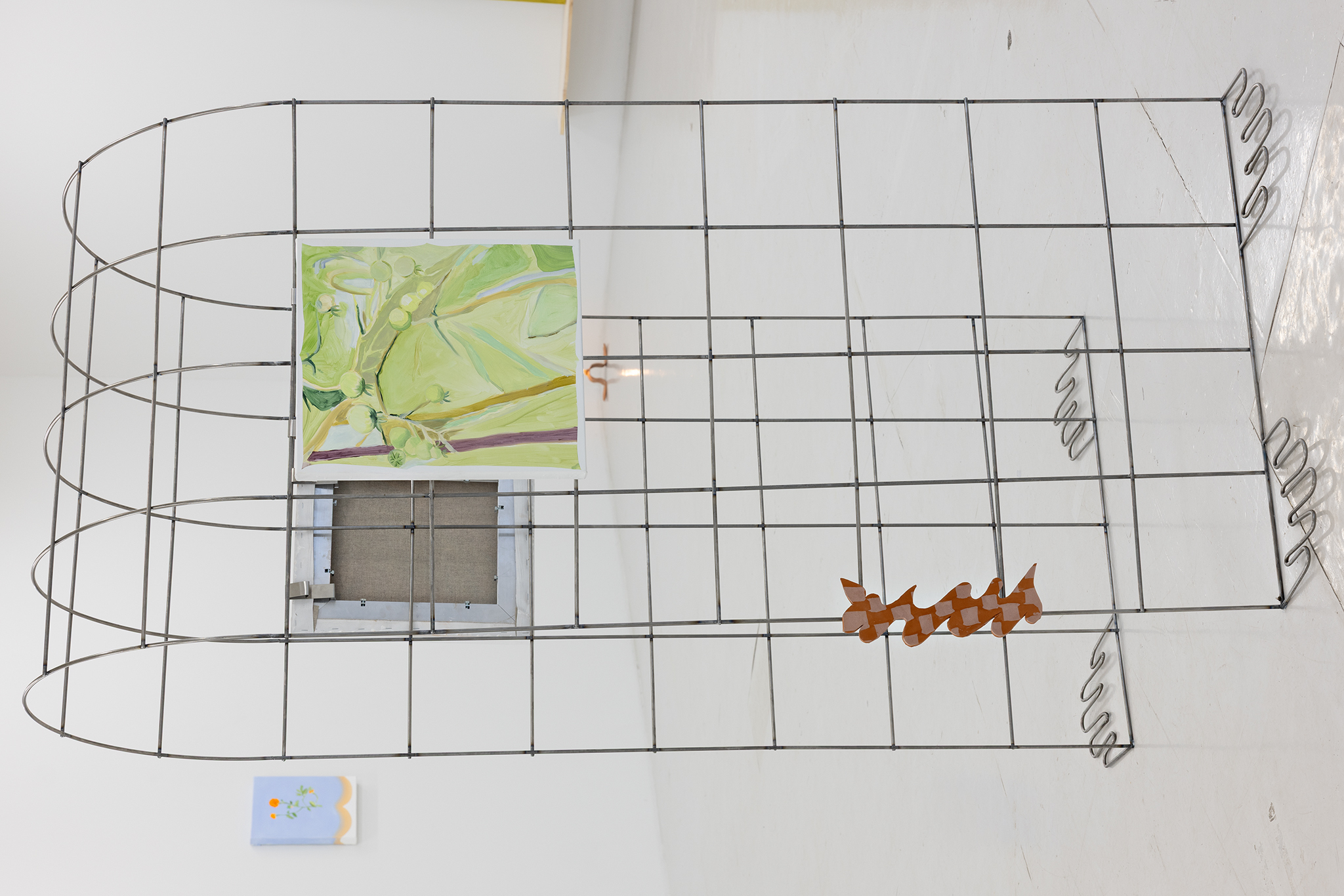companion, Bogna Luiza Wisniewska, trellis of plenty (with green tomatoes and sweat peas), steel trellis, oil on linen, 2x35x40, ceramic magnet, welding by Tatu Laurila