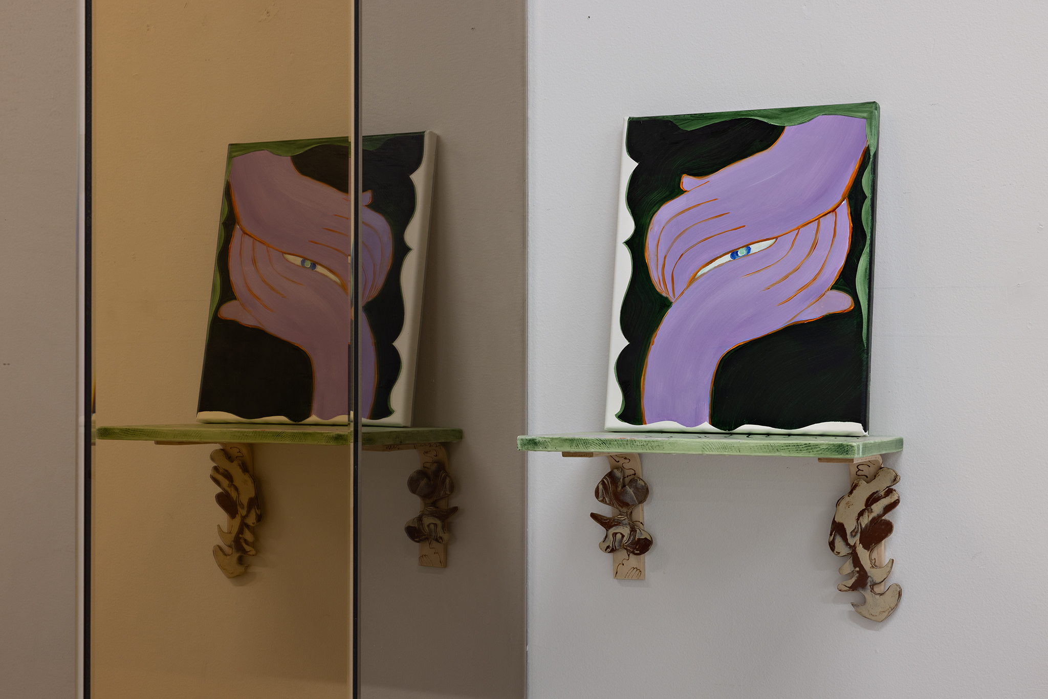 companion, Bogna Luiza Wisniewska, subtle witness, 2025, oil on canvas, 41.5x33, oil on engraved wood, 40x27, ceramic magnets