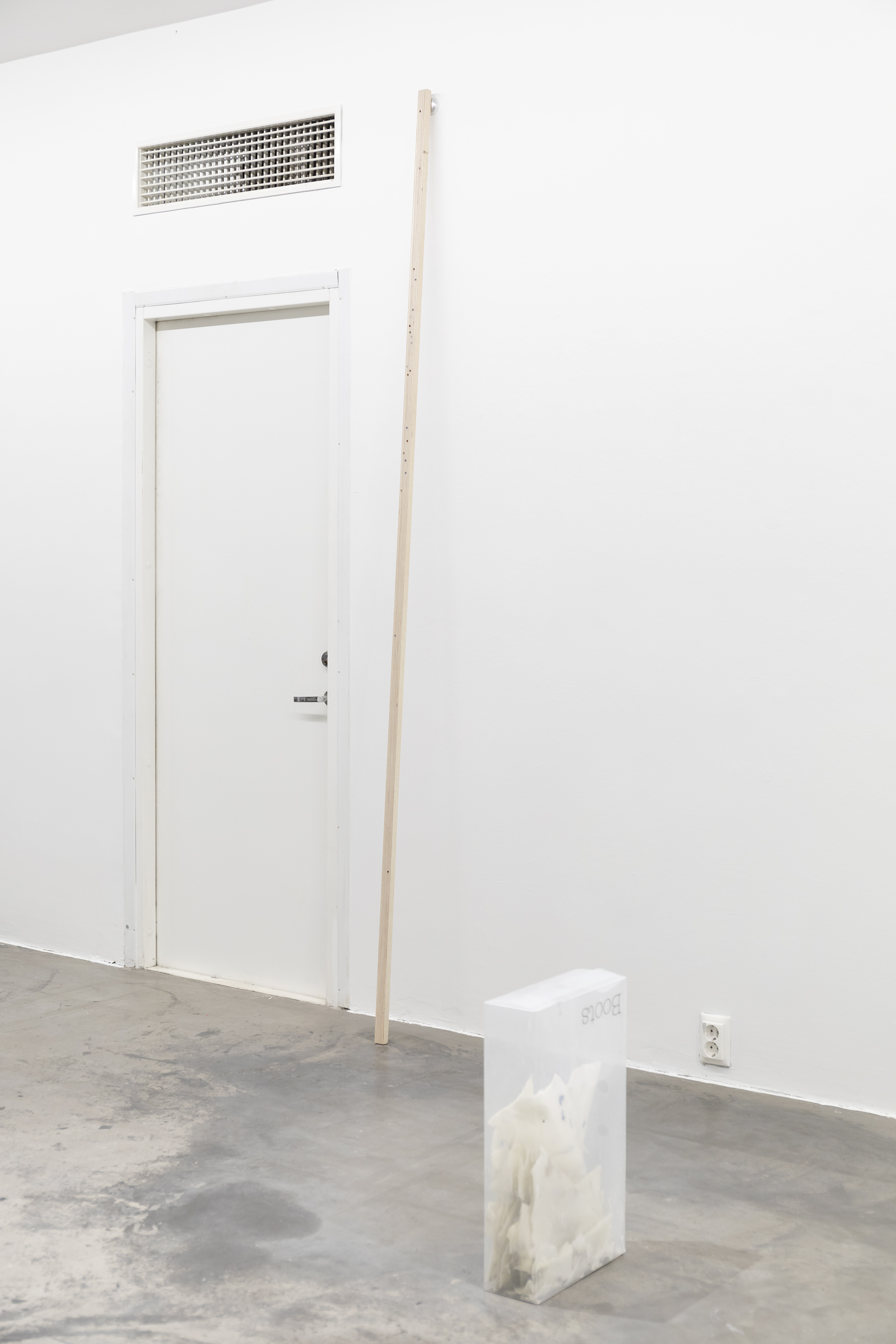 Lehtomaa: "work 1/4" / plywood, beeswax, pigment, bicycle bell dome, a shoe box that contains pieces of an artwork from a past exhibition