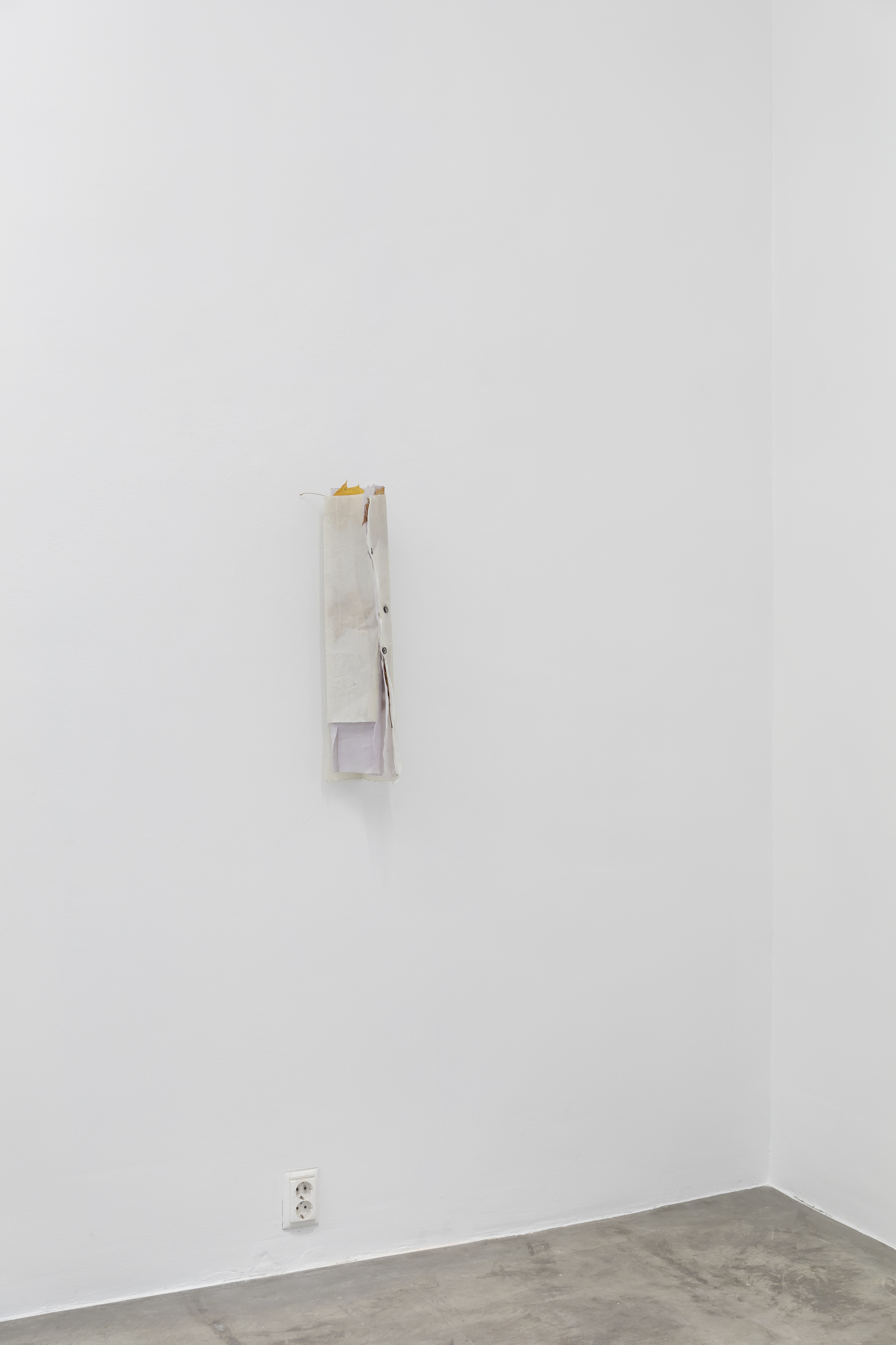 Lehtomaa: "f" / beeswax, cotton, pigment, maple leaf, button, thread, gouache